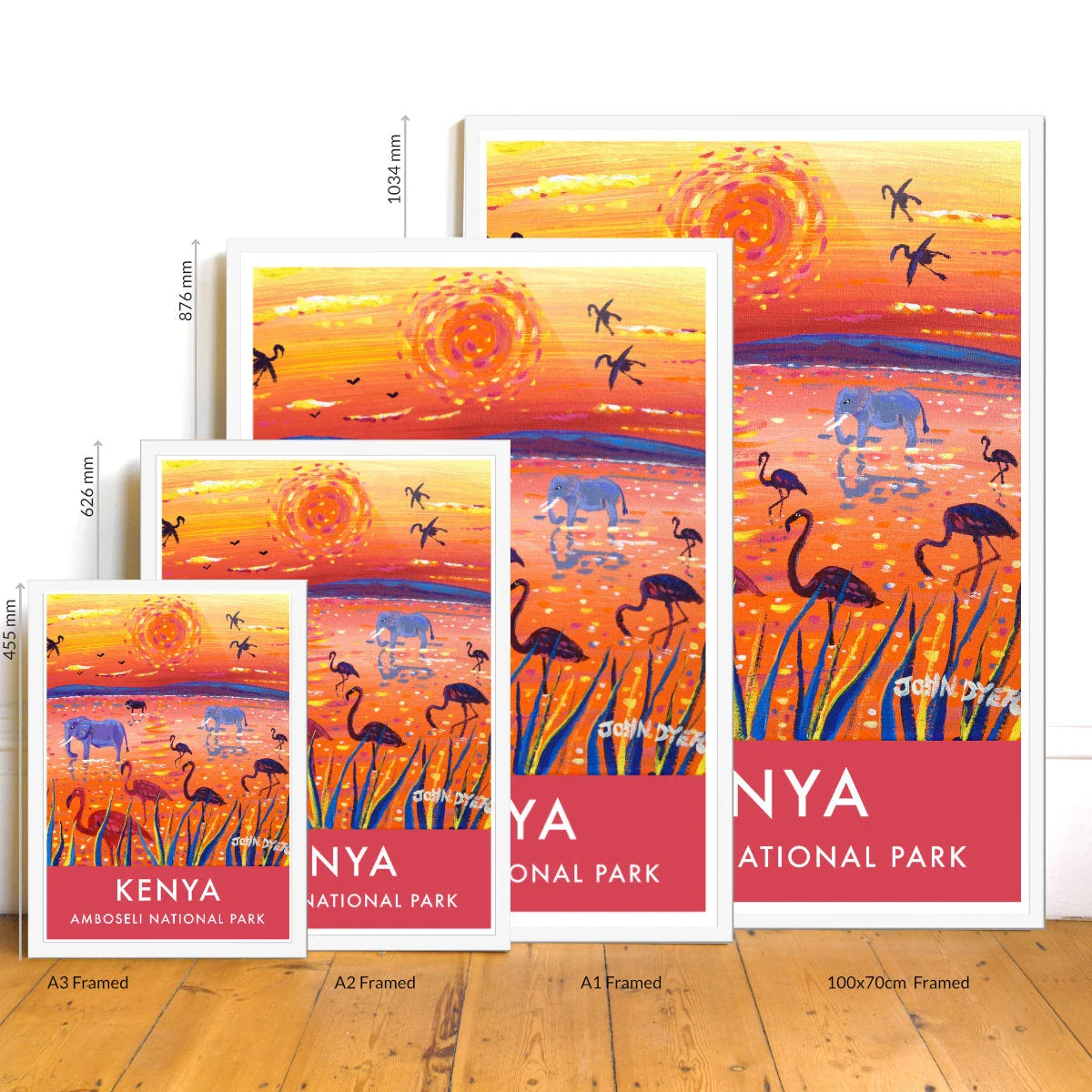 African Art Wall Art Poster Print by John Dyer. Sunset Amboseli Lagoon with Flamingos and Elephants, Kenya. Animal Art Prints - Image 3