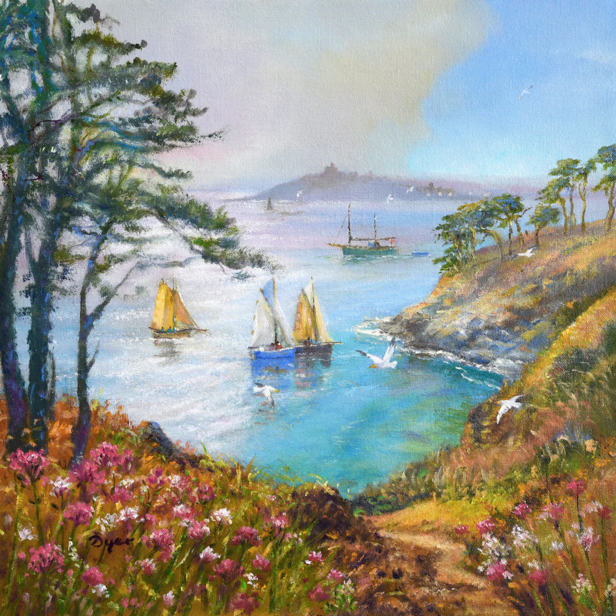'Along the Coast Path, St Anthony Head', 14x14 inches oil on canvas. Painting by Cornish Artist Ted Dyer. Cornish Art from our Cornwall Art Gallery