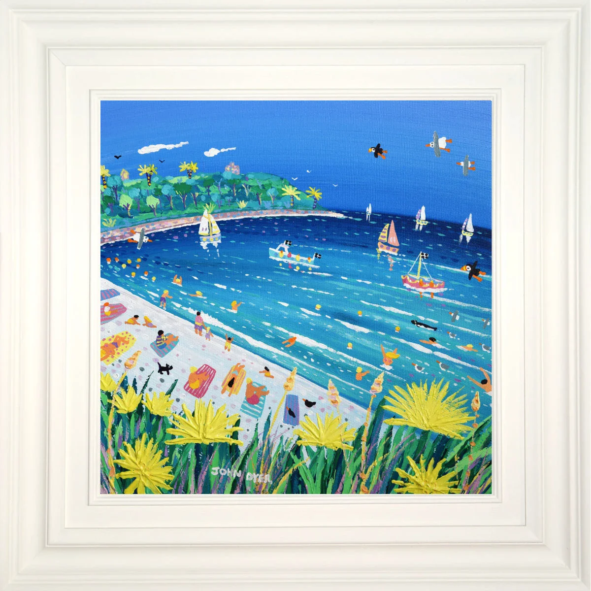 'Boats and Beach Days at Castle Beach, Falmouth', 18x18 inches acrylic on canvas. Cornish Coastal Art Painting by British Artist John Dyer. - Image 2