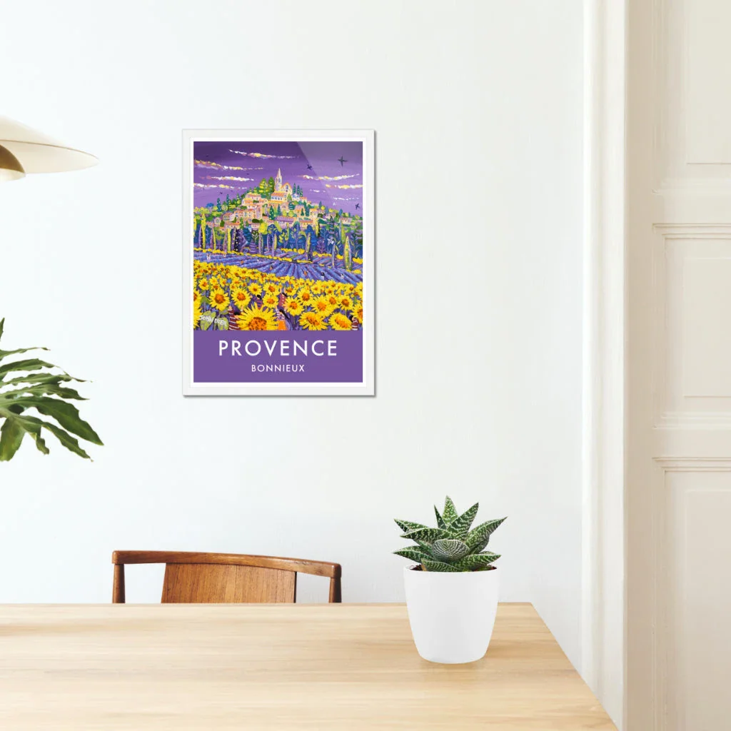 Bonnieux, Sunflowers and Lavender, Provence, France. Vintage Style Travel French Wall Art Poster Print by John Dyer. - Image 5