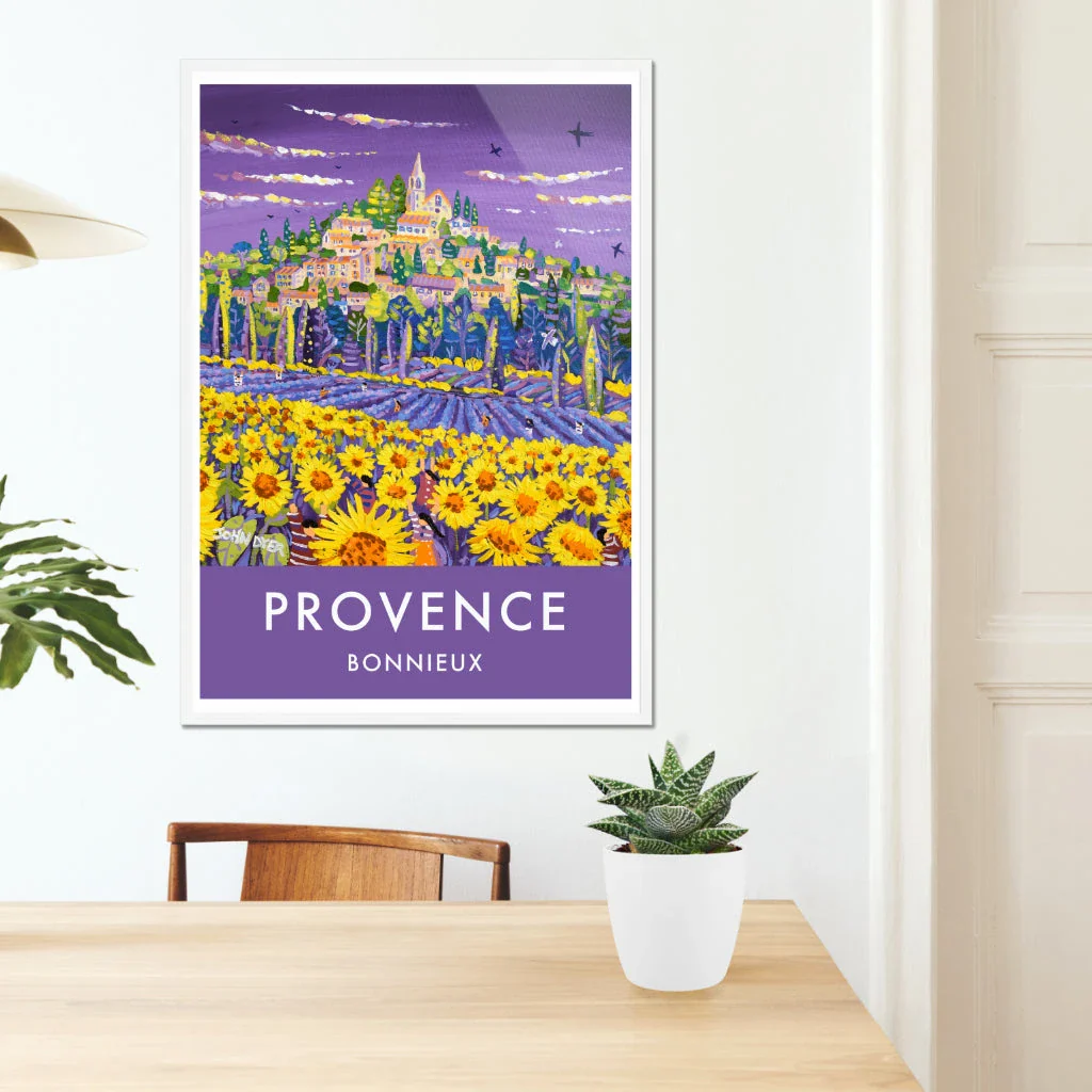 Bonnieux, Sunflowers and Lavender, Provence, France. Vintage Style Travel French Wall Art Poster Print by John Dyer. - Image 7