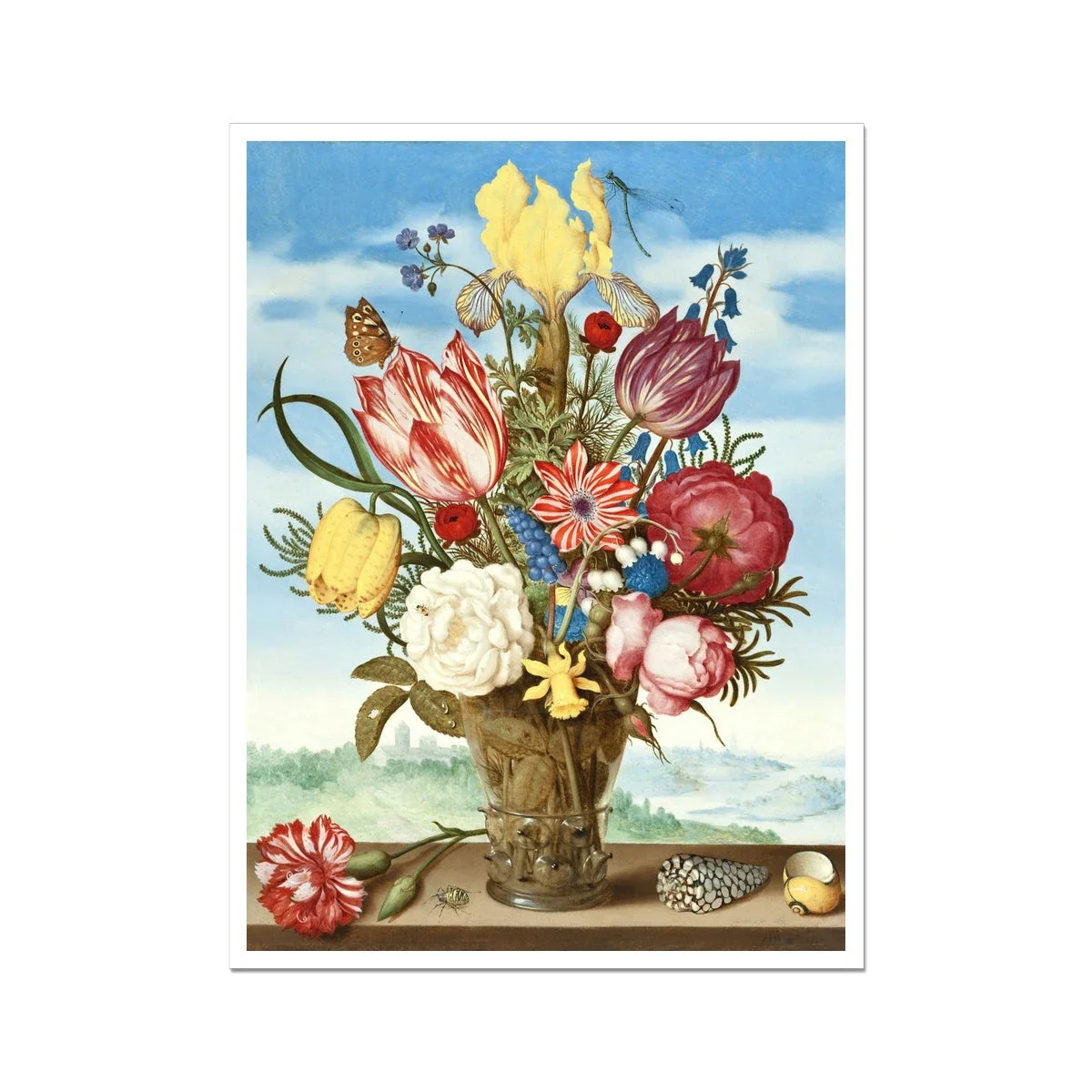 'Bouquet of Flowers on a Ledge'. Garden Flowers. Still Life by Ambrosius Bosschaert. Open Edition Fine Art Print. Historic Art