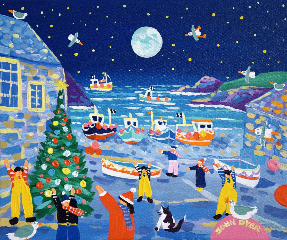 'Cadgwith Christmas', 10x12 inches acrylic on canvas. Coastal Painting of Cornwall. Cornish Artist John Dyer. Cornwall Art Gallery