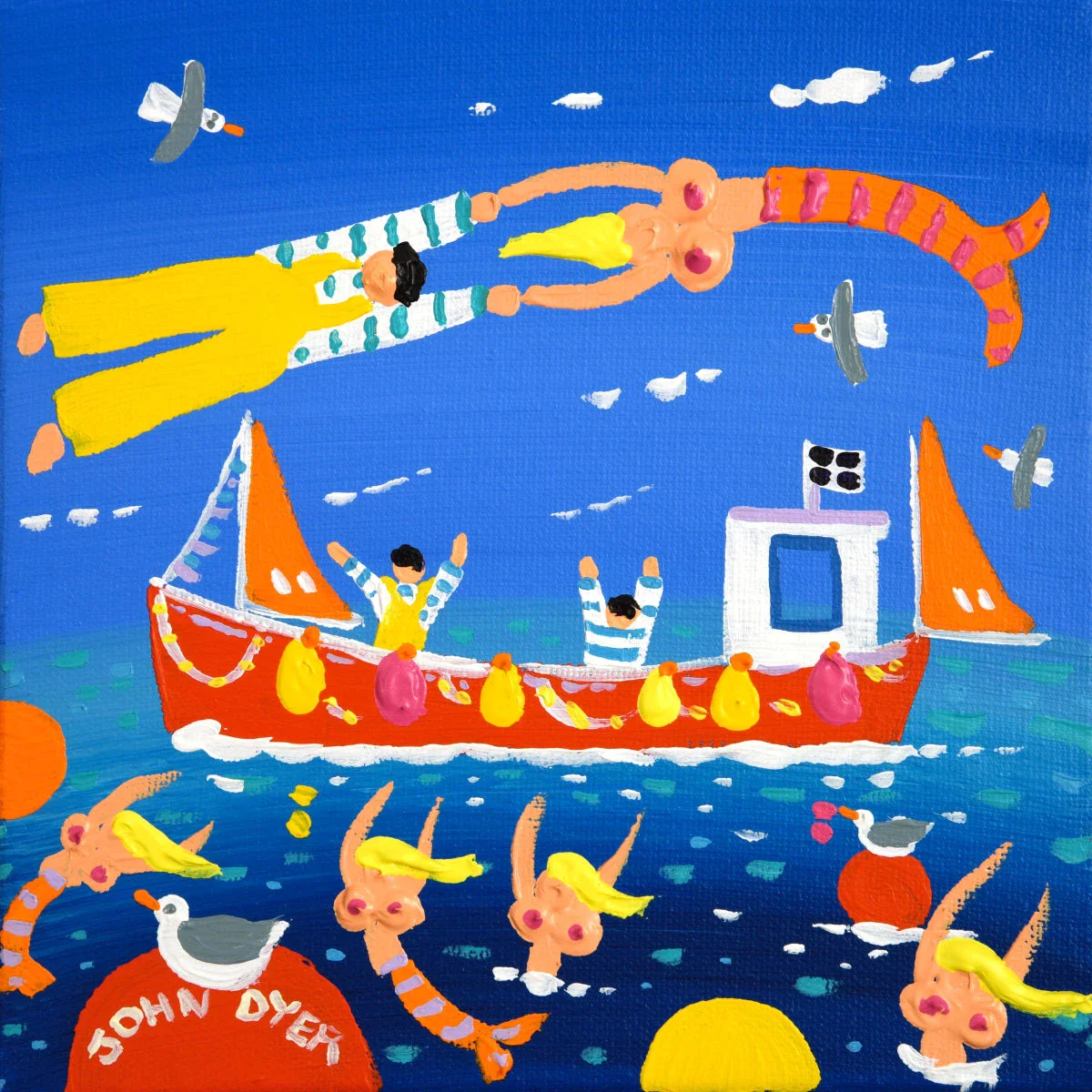 'Cornish Mermaidsâ, 8x8 inches acrylic on canvas. Painting of Cornwall by Cornish Artist John Dyer