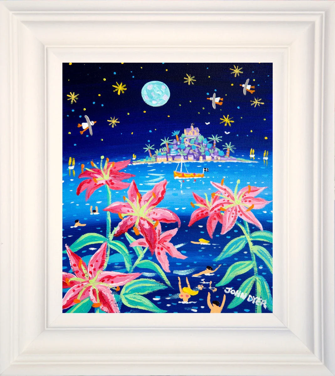 'Full Moon Pink Lilies, St Michael's Mount', 12 x 10 inches acrylic on canvas. Cornwall Art Gallery Painting by John Dyer. - Image 2