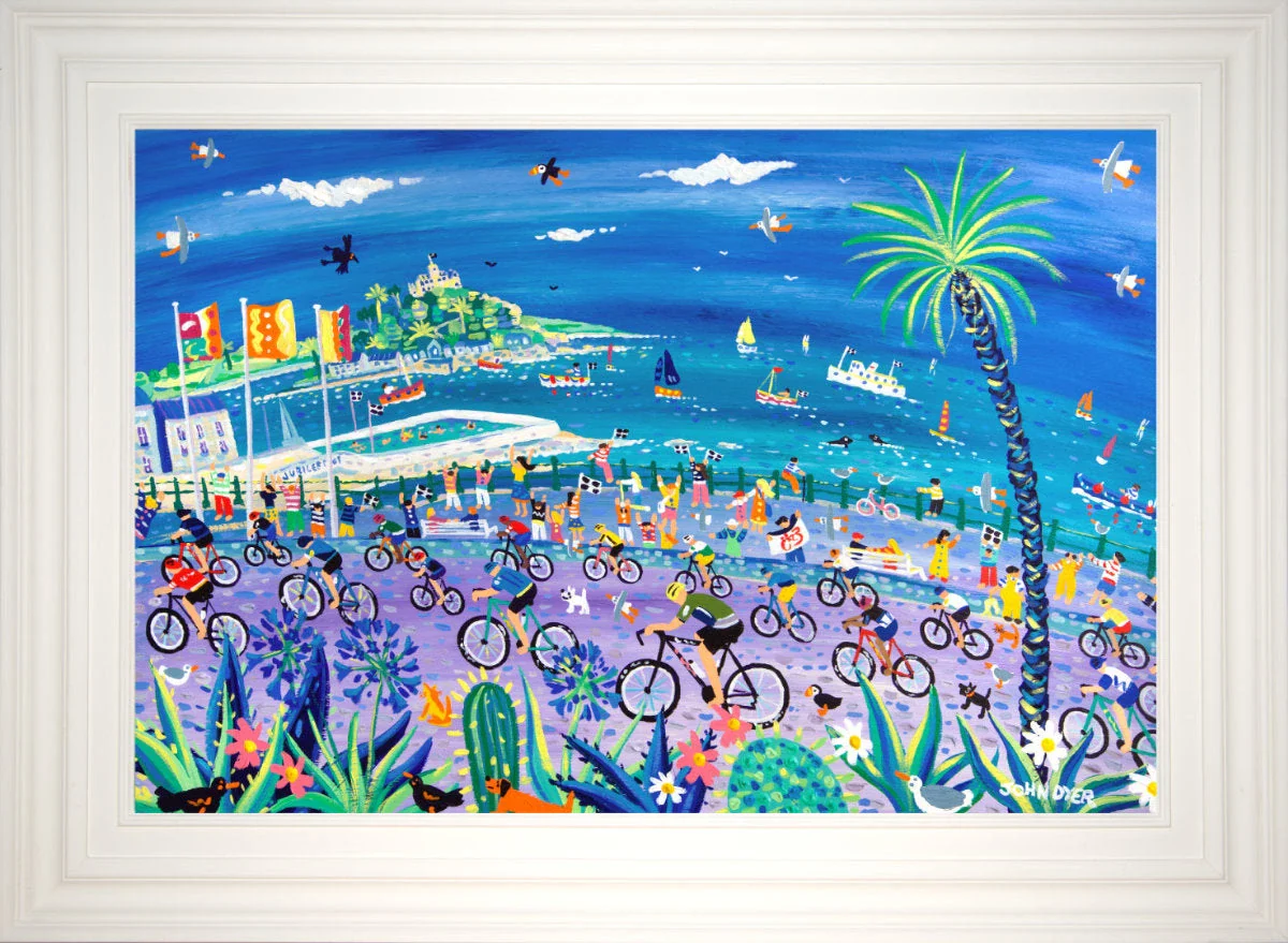 'Peddling Past Penzance, Tour of Britain'.
24 x 36 inches, acrylic on board. Cornwall Art Gallery Painting by John Dyer. - Image 2