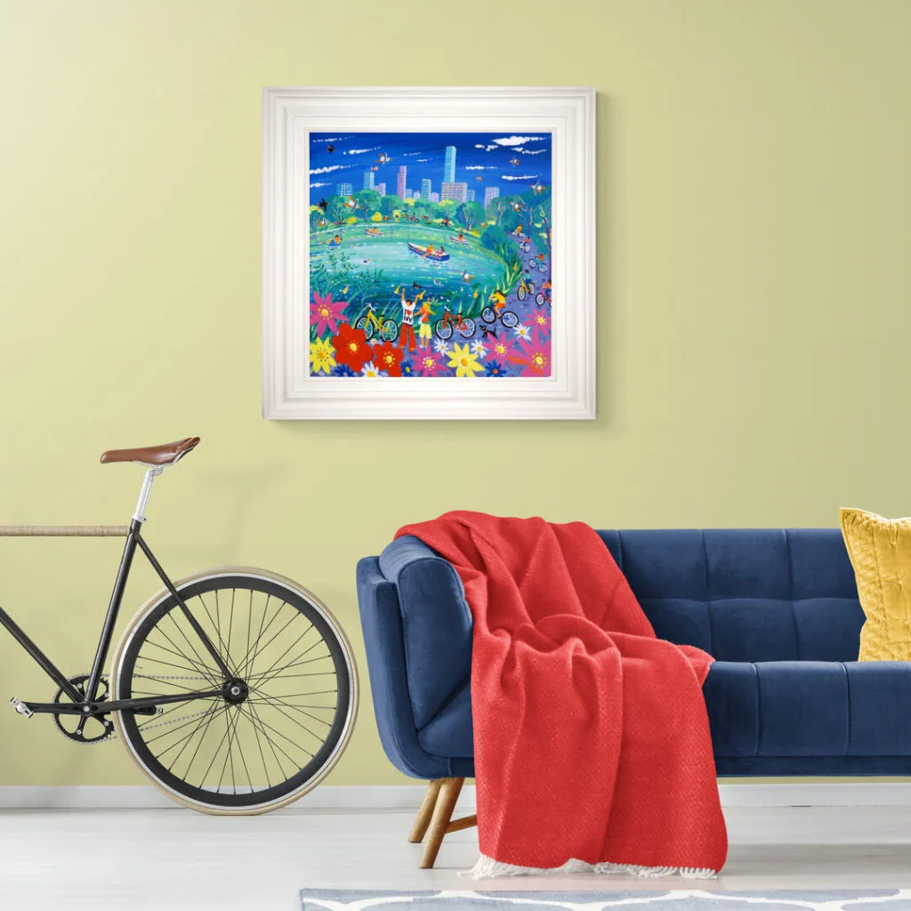'Cycling around Central Park, New York', 24x24 inches acrylic on canvas. Paintings of America by British Artist John Dyer. American Art Gallery - Image 3