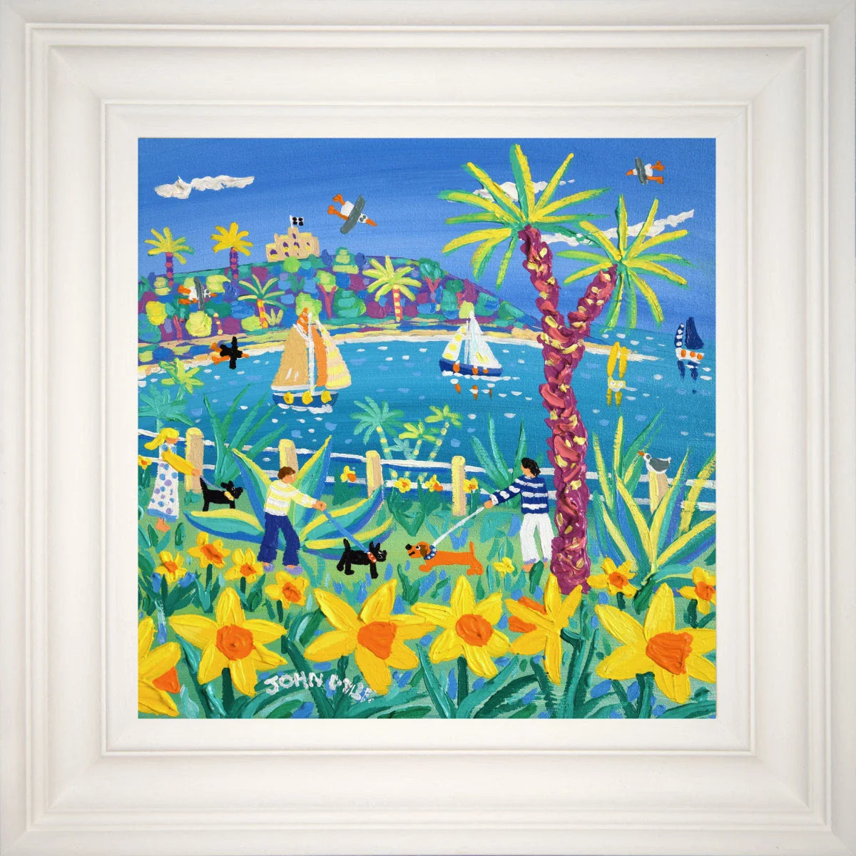 'Daffodil Walkies, Falmouth', 12x12 inches acrylic on canvas. Cornwall Painting with Dogs by British Artist John Dyer. - Image 2