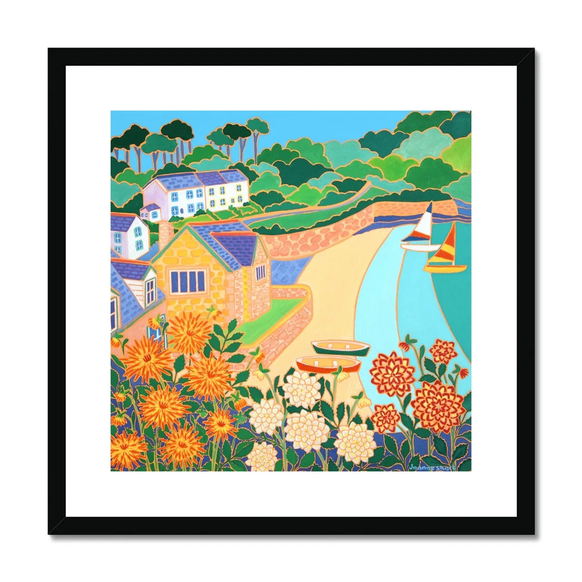 Joanne Short Framed Open Edition Fine Art Print. 'Dahlias and Dinghies, Durgan, Helford River'. Cornwall Art Gallery Print - Image 2