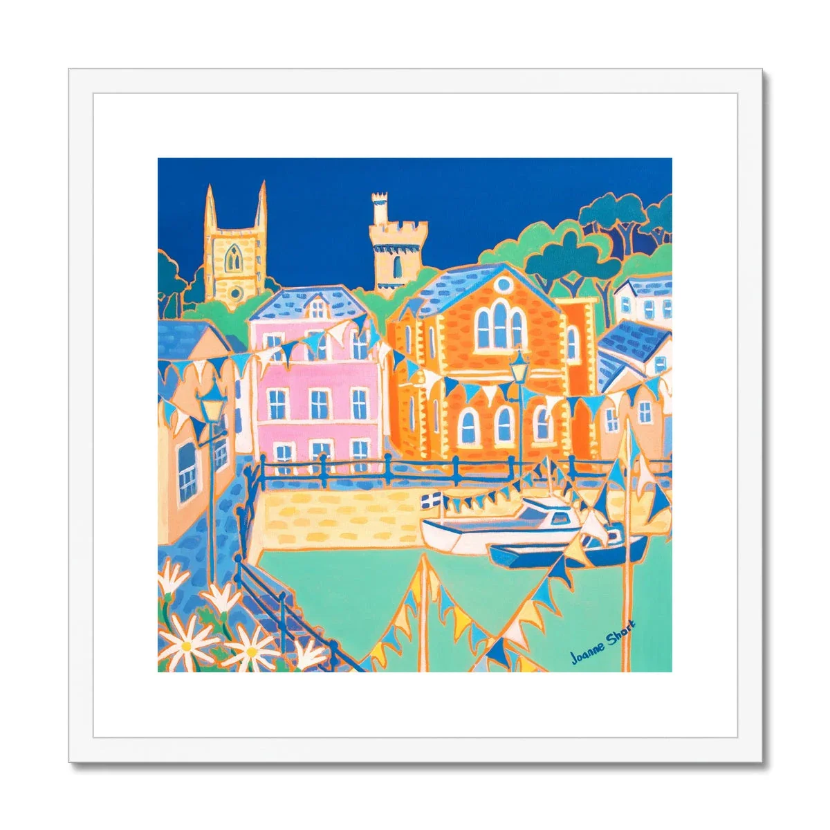 Joanne Short Framed Open Edition Cornish Art Print. 'Daisies and Bunting Fowey'. Cornwall Art Gallery