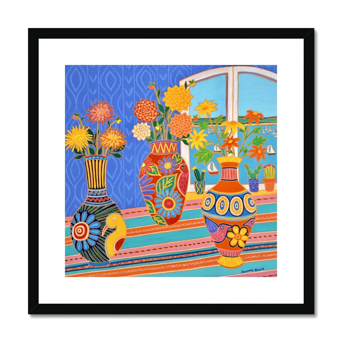 Joanne Short Framed Open Edition Cornish Art Print. 'Fiesta of Flowers in Mexican Vases'. Cornwall Art Gallery, Fowey - Image 2