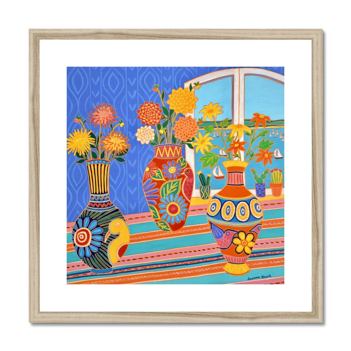 Joanne Short Framed Open Edition Cornish Art Print. 'Fiesta of Flowers in Mexican Vases'. Cornwall Art Gallery, Fowey - Image 3