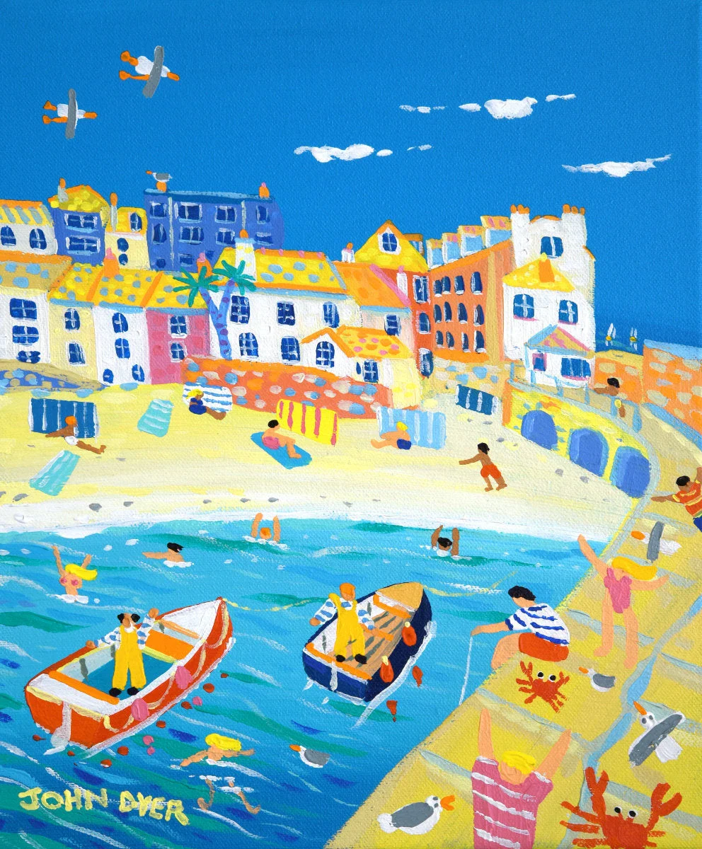 'Happy Crabbing in St Ives', 12x10 inches acrylic on canvas. Painting of Cornwall by Cornish Artist John Dyer
