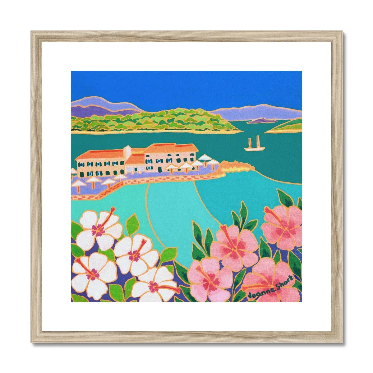Joanne Short Greece Artwork. Framed Open Edition Art Print. 'Hibiscus and Turquoise Sea, Faliraki, Corfu Town Greece' Greek Art Gallery - Image 3