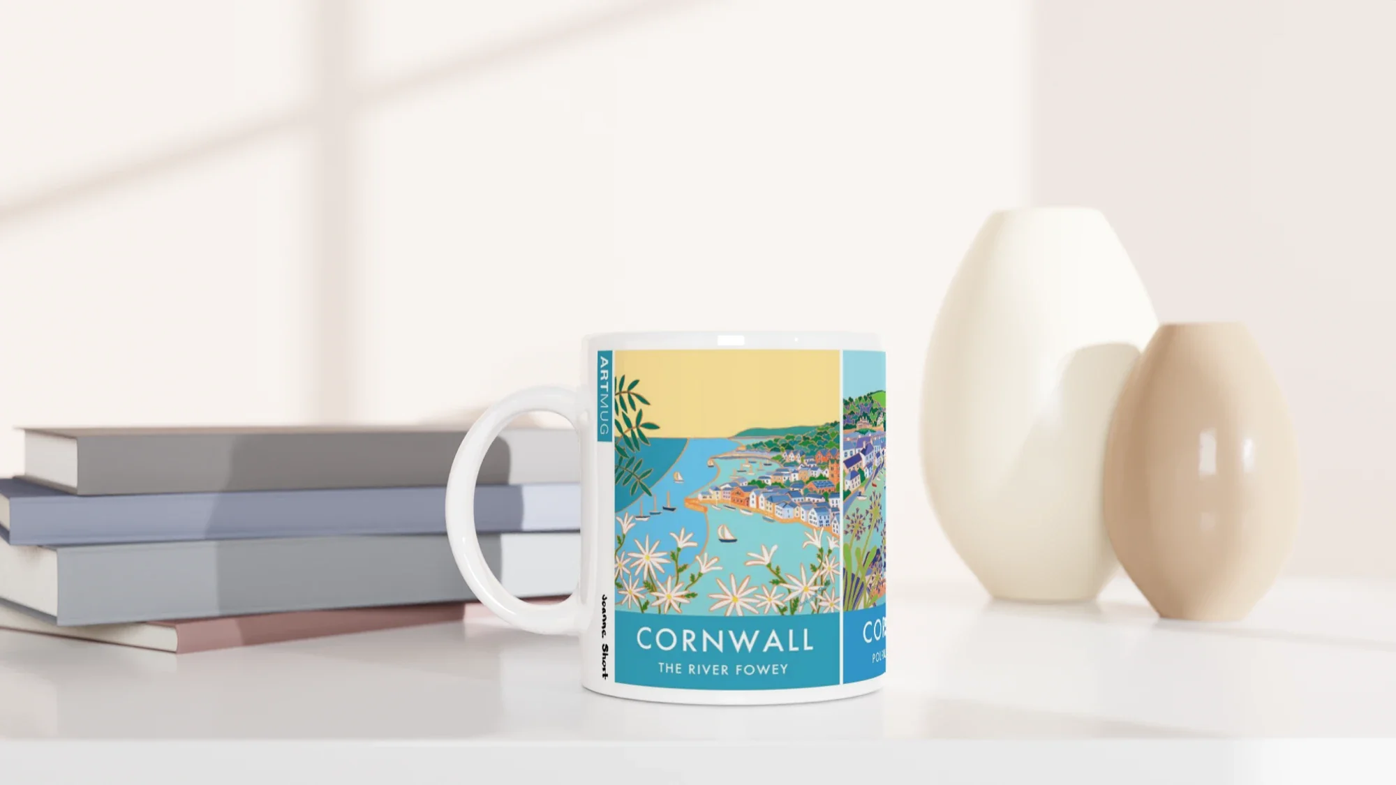 Joanne Short Ceramic Cornish Art Mug featuring Fowey, Polruan and the River Fowey in Cornwall. - Image 4