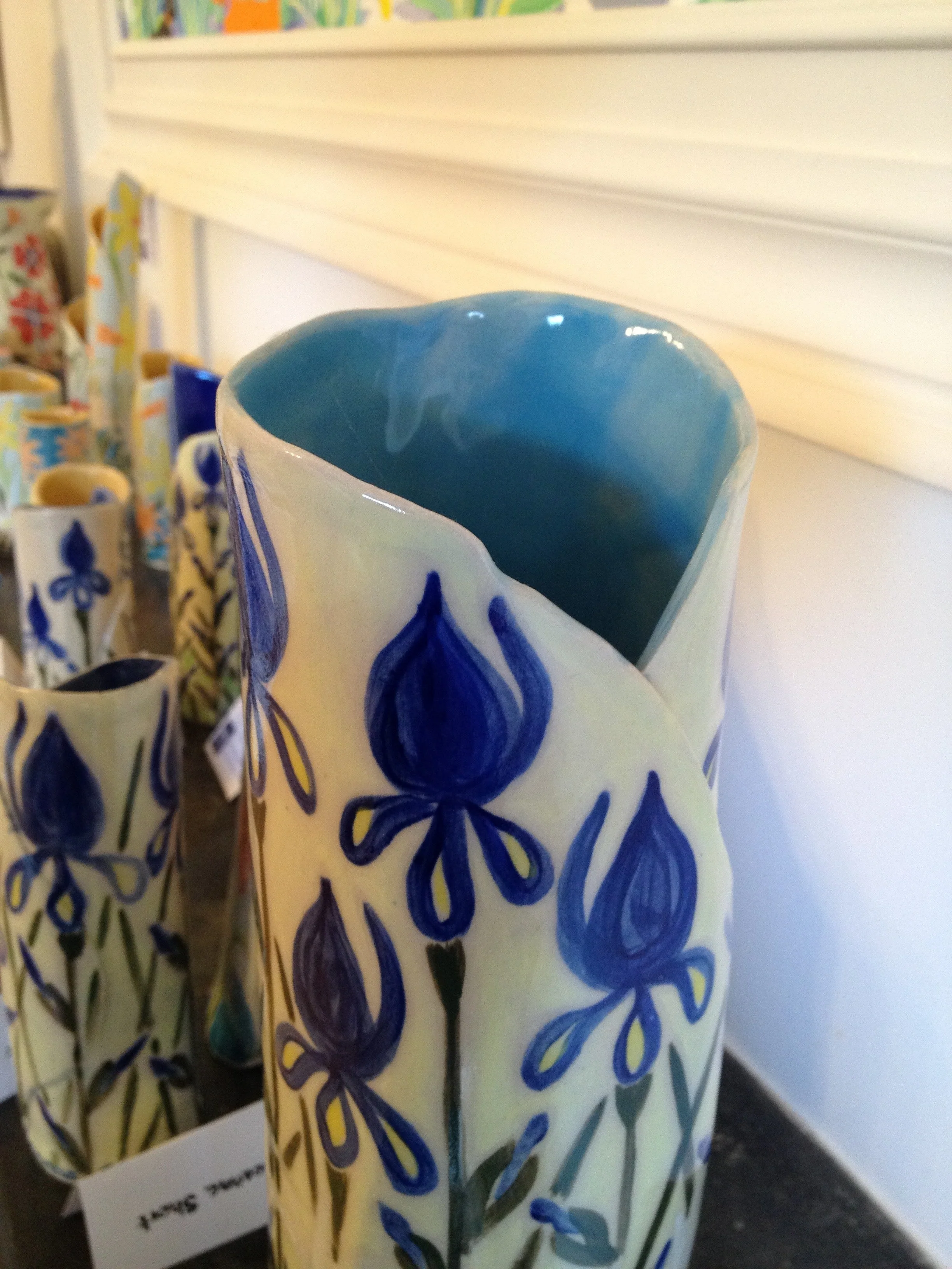 Joanne Short Ceramic Vase. Blue Iris and White Daisies - Image 3