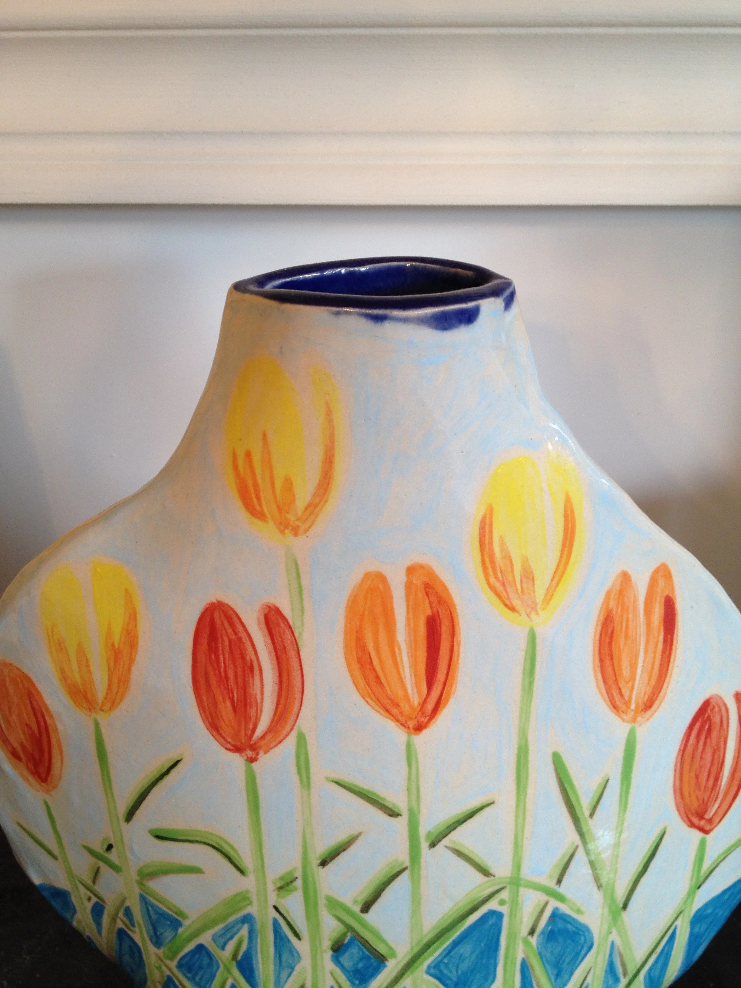 Joanne Short Ceramic Vase. Double Sided. Tulips and Blue Iris - Image 10