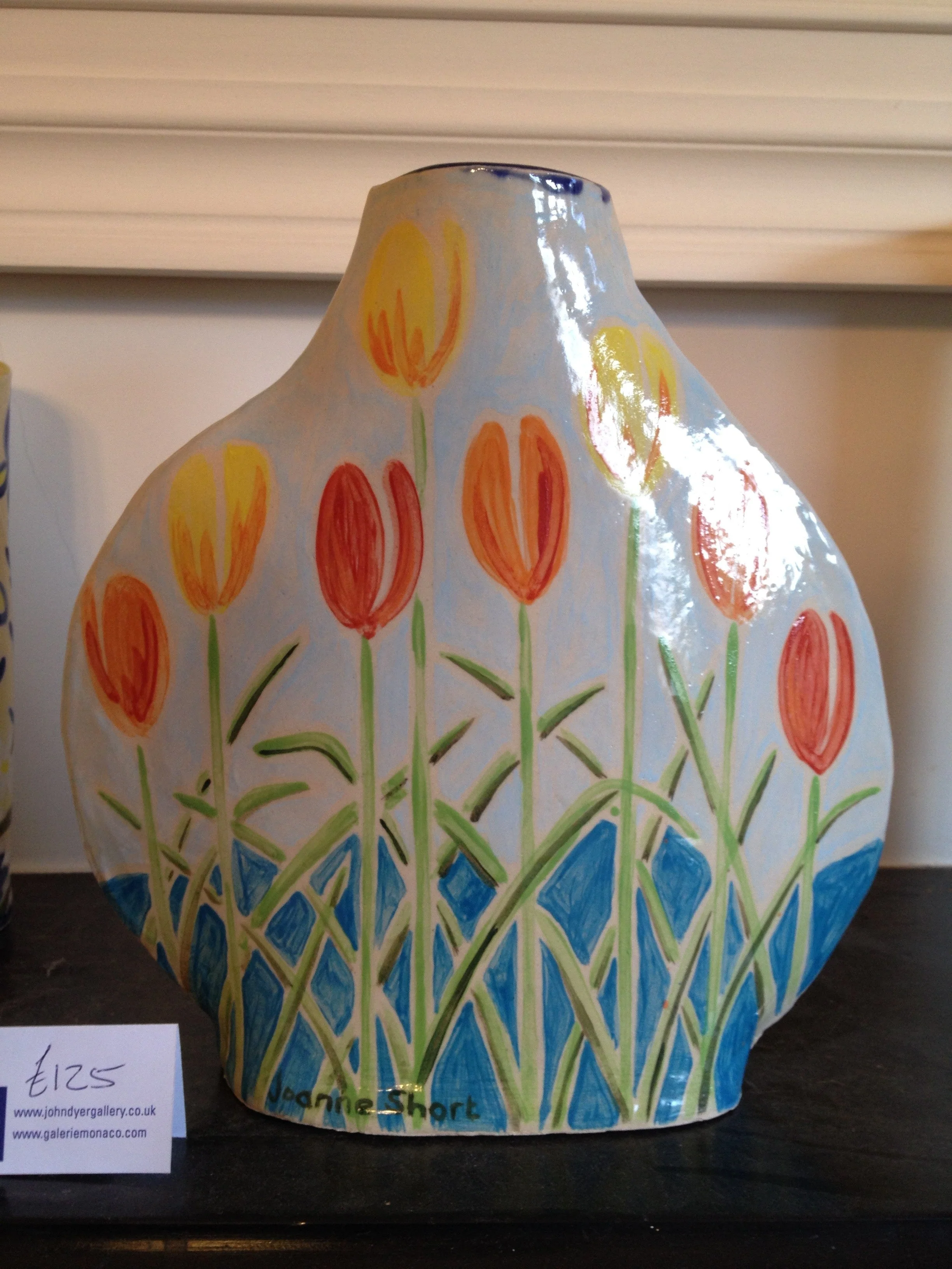 Joanne Short Ceramic Vase. Double Sided. Tulips and Blue Iris - Image 3