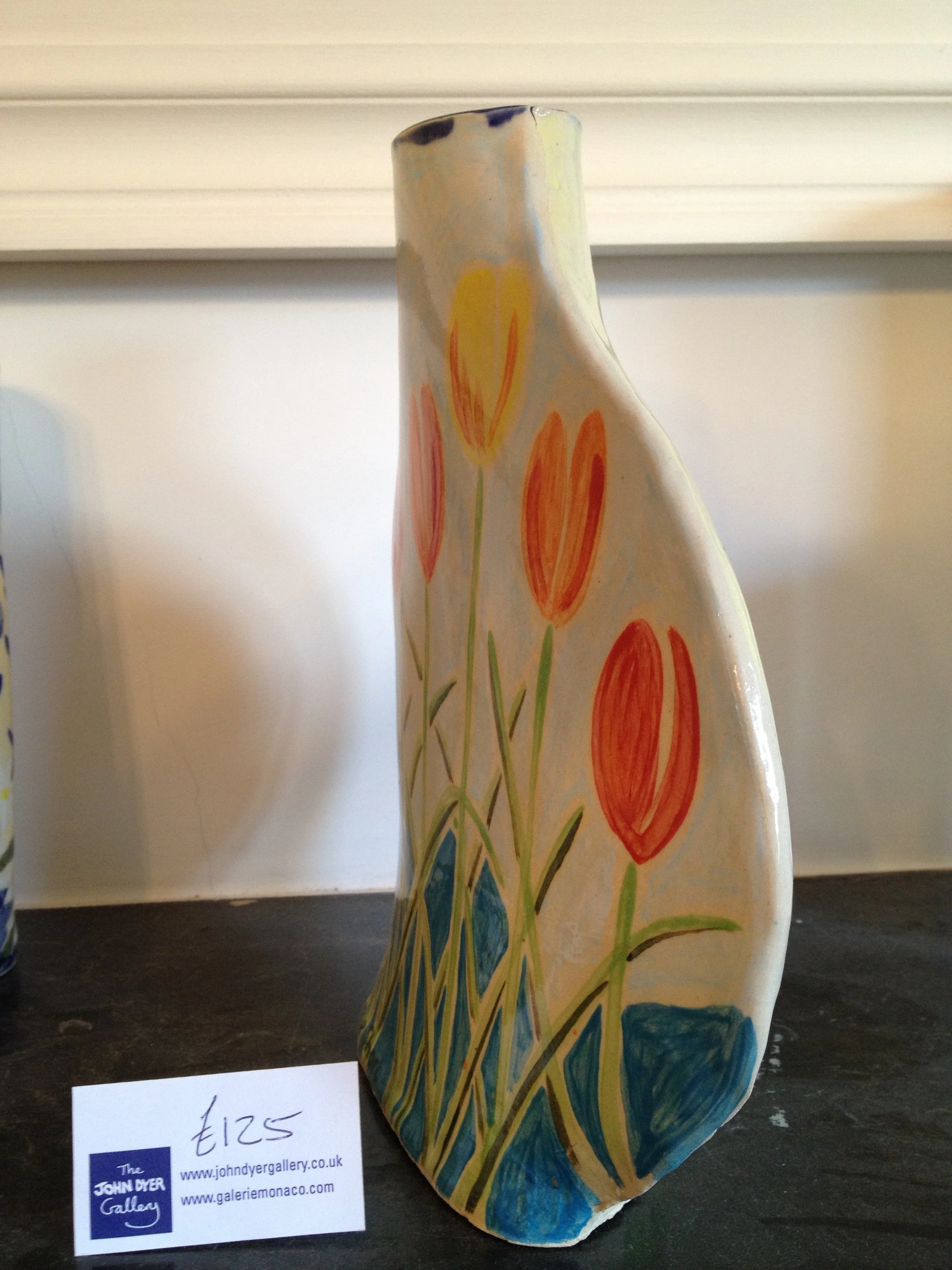 Joanne Short Ceramic Vase. Double Sided. Tulips and Blue Iris - Image 5