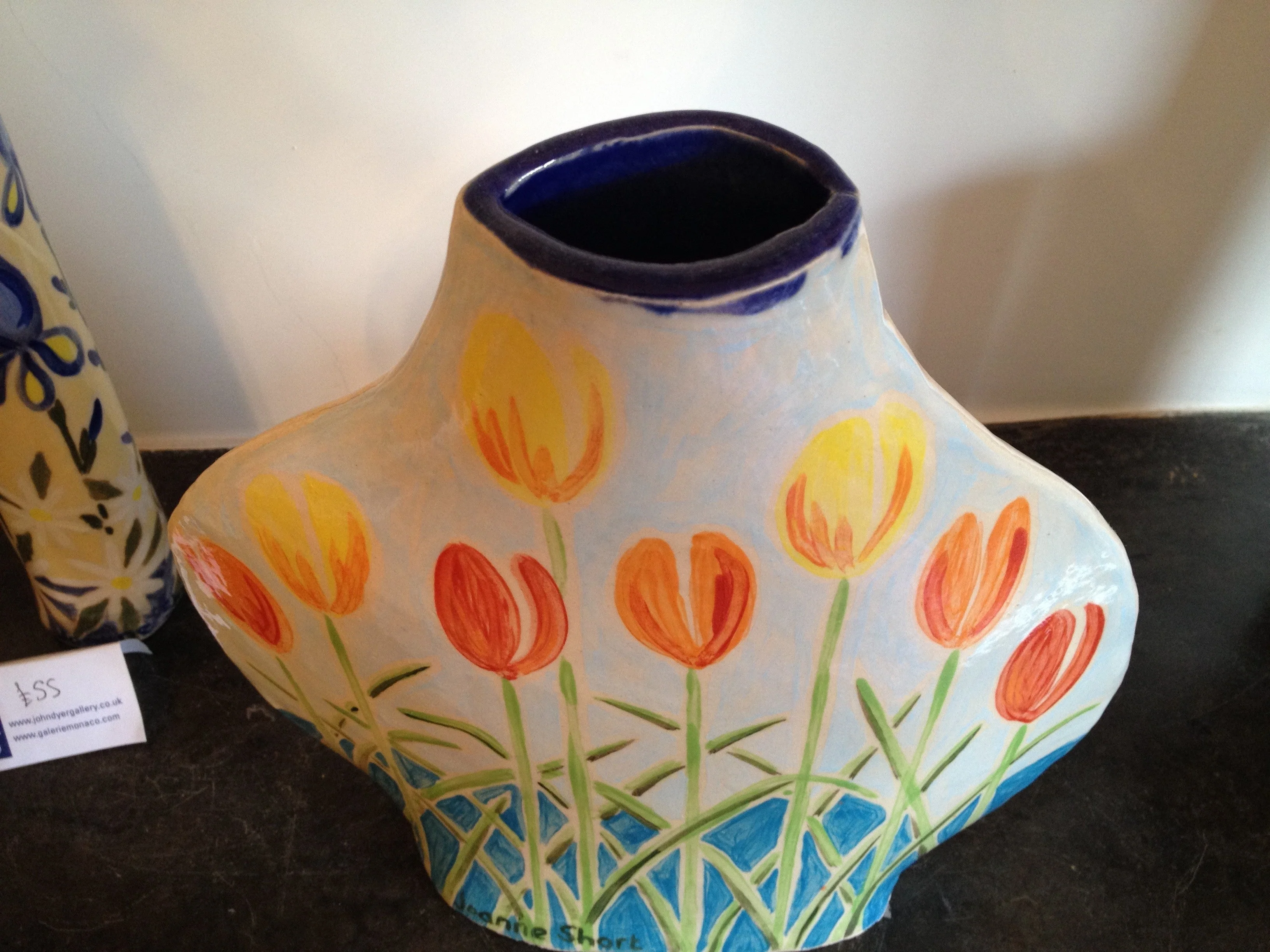 Joanne Short Ceramic Vase. Double Sided. Tulips and Blue Iris - Image 8