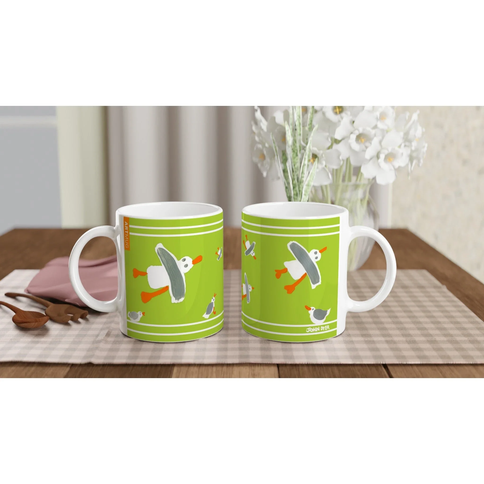 John Dyer Cornish Art Mug with Cornish Seagulls. Lime Green - Image 3