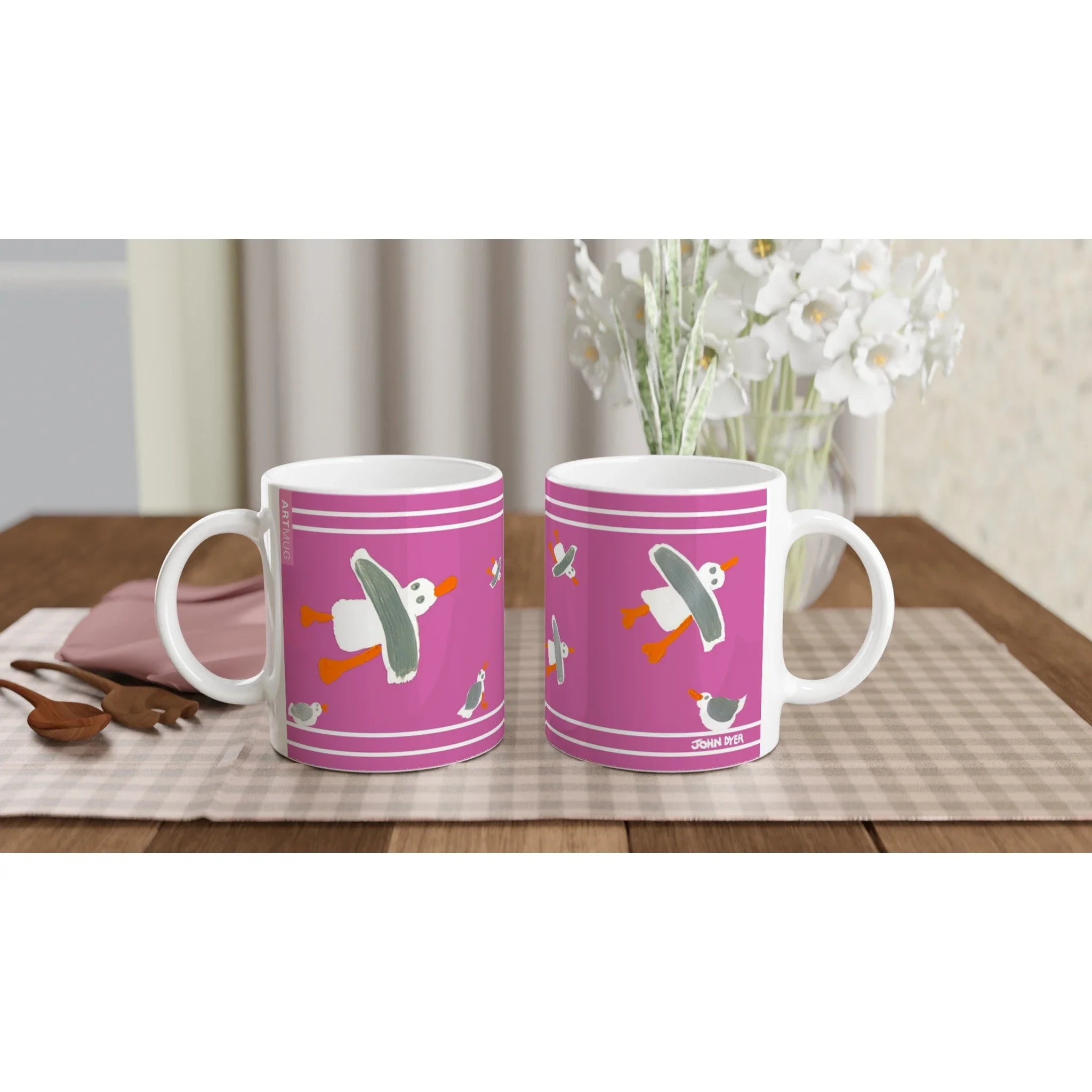John Dyer Cornish Art Mug with Cornish Seagulls. Pink - Image 4