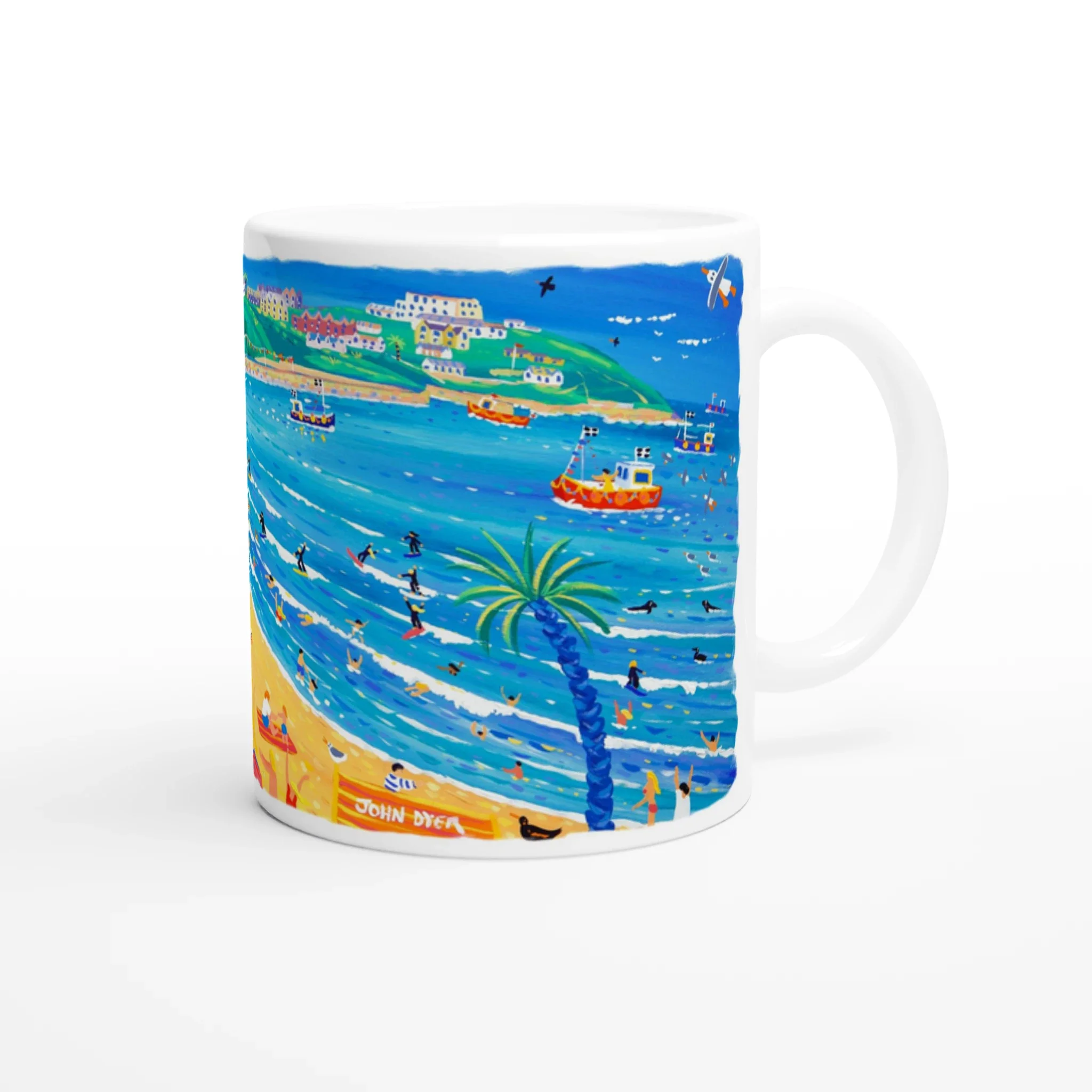 John Dyer Ceramic Cornish Art Mug. Surfing and Sunbathing Great Western Beach, Newquay - Image 3