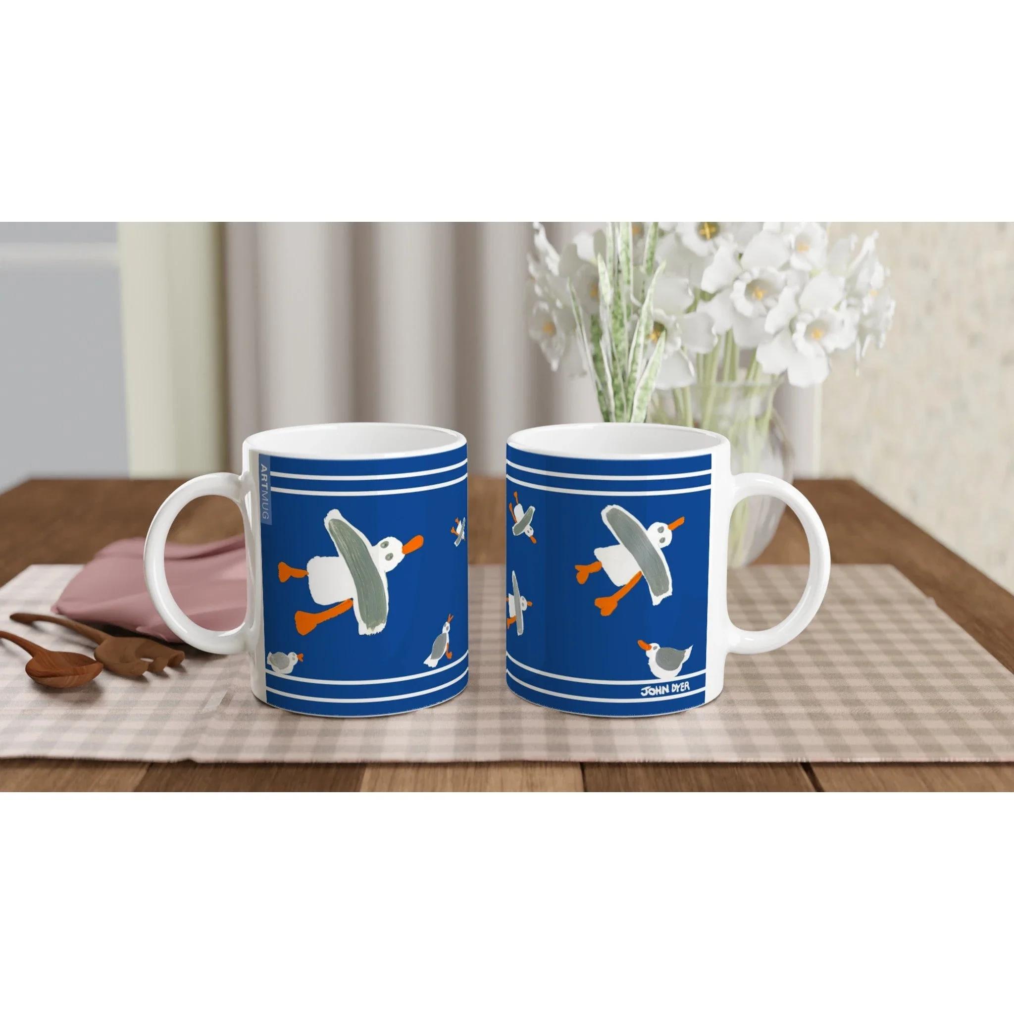 John Dyer Ceramic Cornish Art Mug with Cornish Seagulls. Blue - Image 4