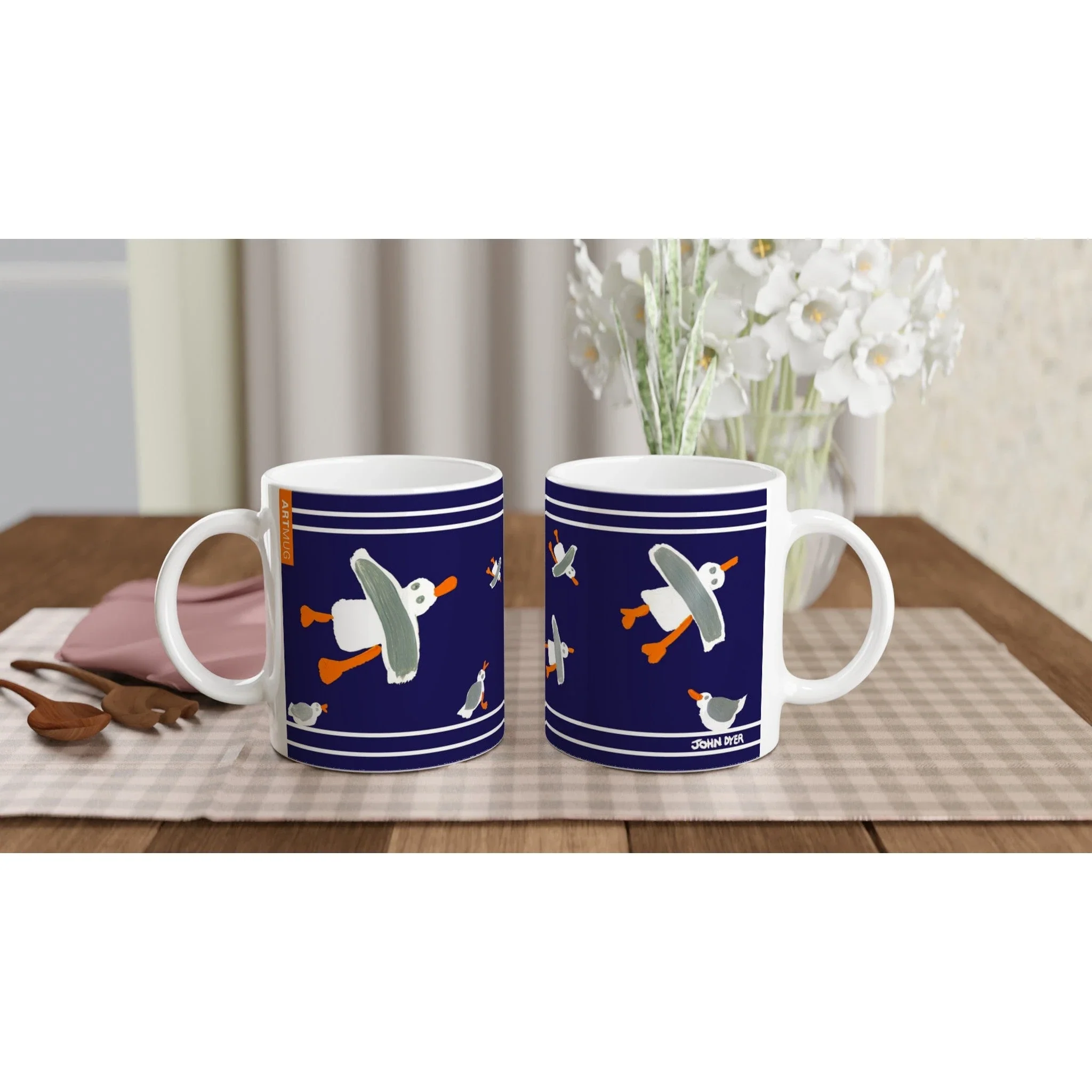 John Dyer Ceramic Cornish Art Mug with Cornish Seagulls. Deep Blue - Image 4