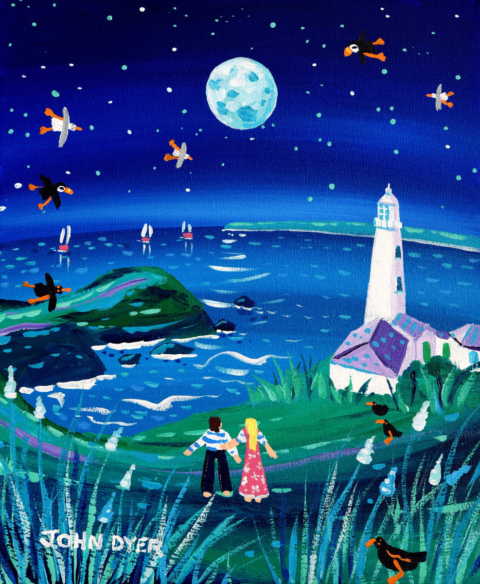 Limited Edition Print by Cornish Artist John Dyer. 'Meditating under the Moon, Trevose Head Lighthouse'. Cornwall Art Gallery Print.