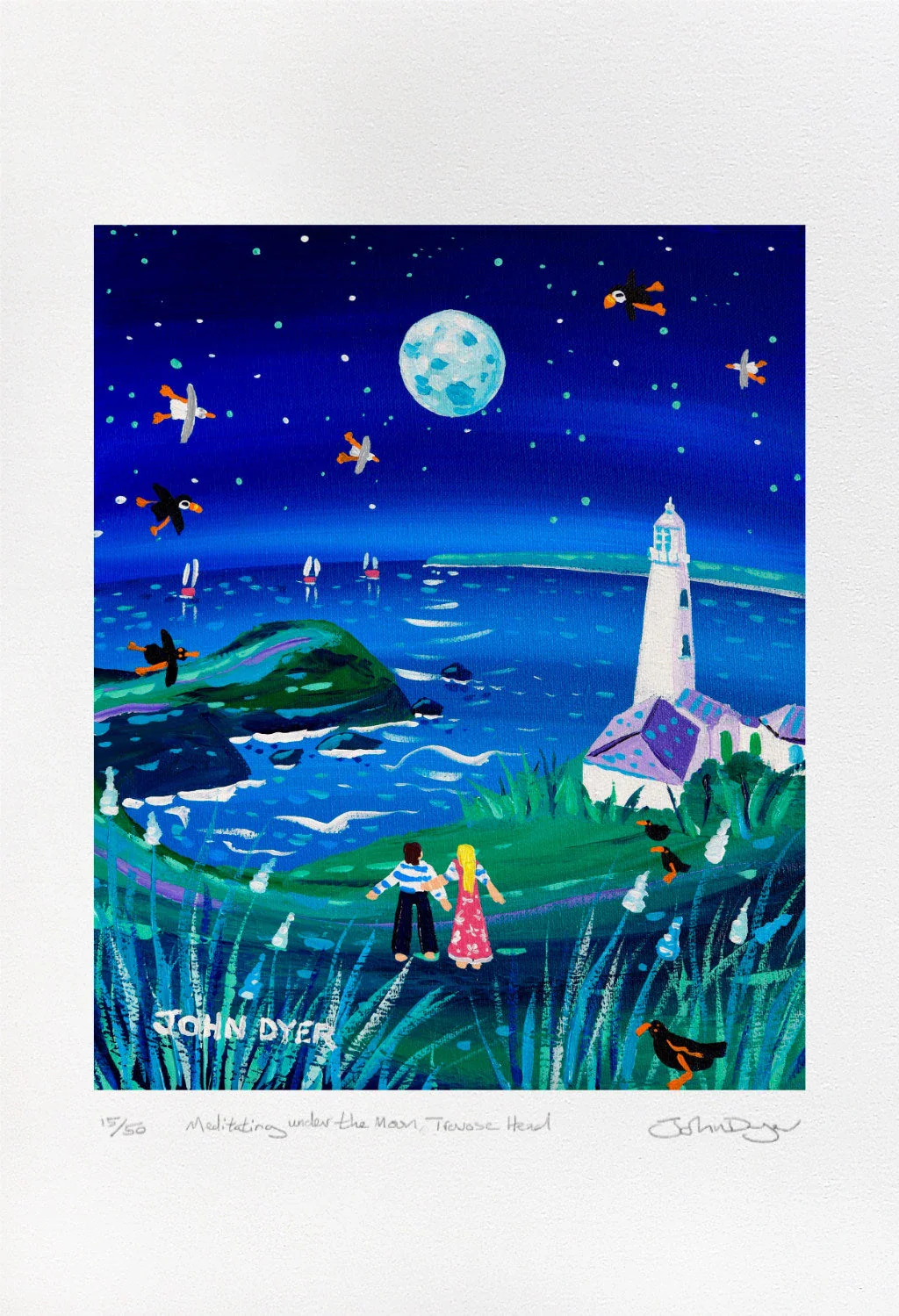 Limited Edition Print by Cornish Artist John Dyer. 'Meditating under the Moon, Trevose Head Lighthouse'. Cornwall Art Gallery Print. - Image 2