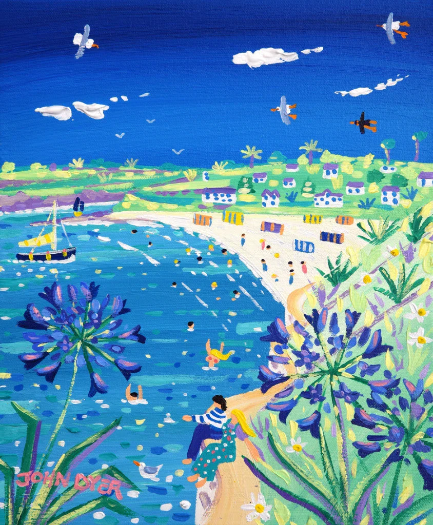 John Dyer Painting. Agapanthus Blue, Gyllyngvase Beach, Falmouth. â©12 x 10 inches, acrylic on canvas