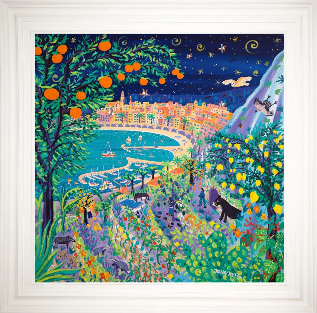 John Dyer Painting. Sailing past the Jardin Des Antipodes, Menton. 80cm x 80cm acrylic on canvas - Image 2