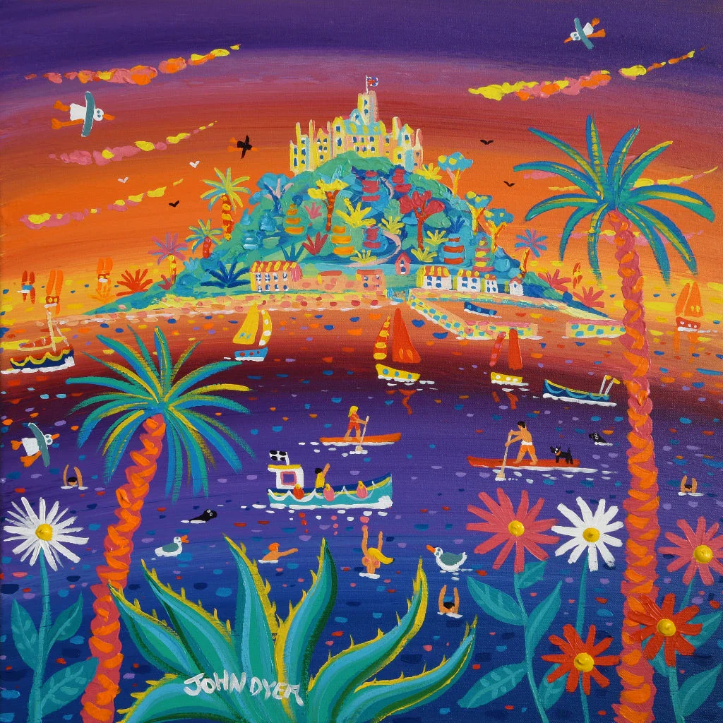 John Dyer Painting. Sunset Paddle Boarding at the Mount. 18 x 18 inches, acrylic on canvas