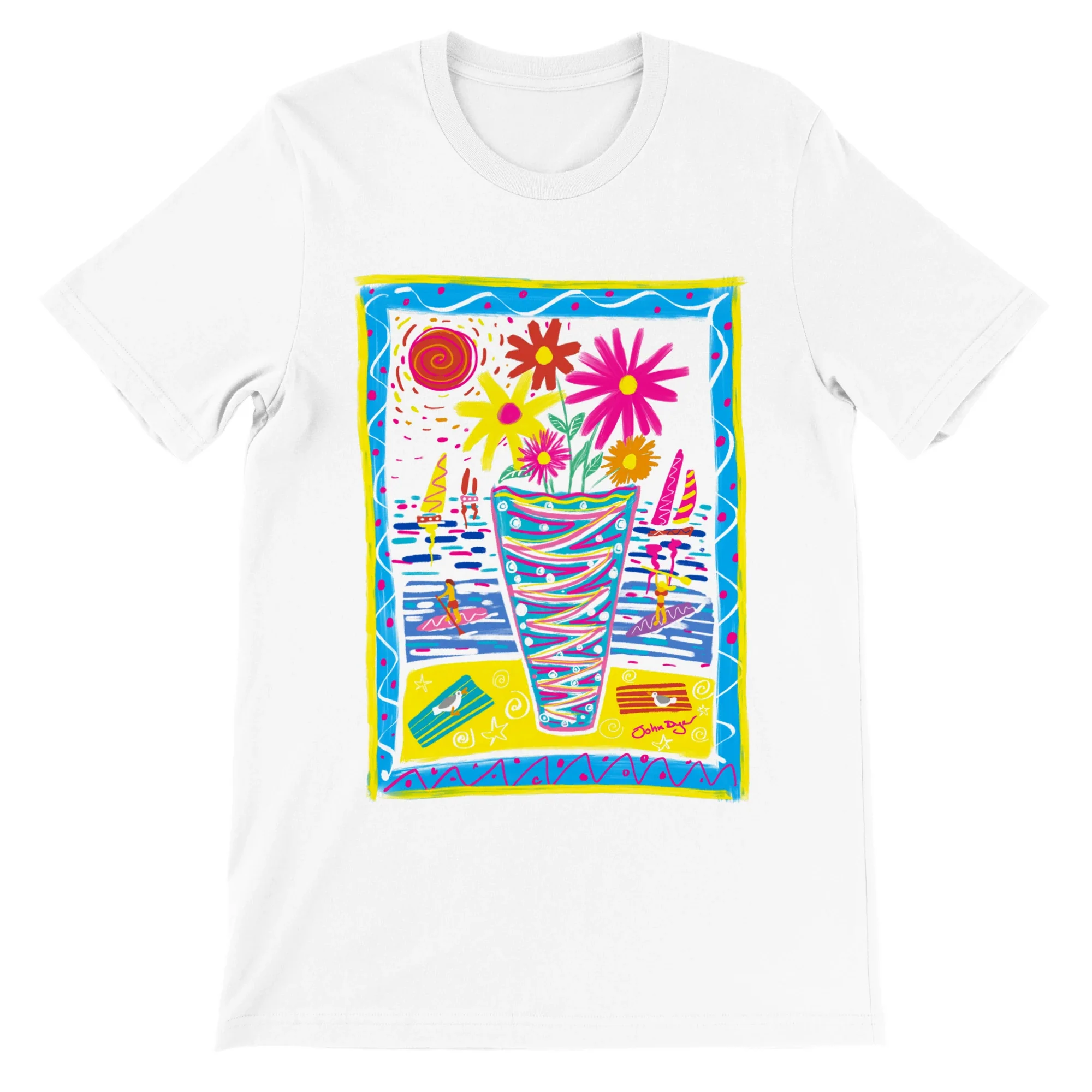 John Dyer Unisex Art T-Shirt. Summer Paddle Boarding Cornwall with Sailing Boats and Flowers - Image 3