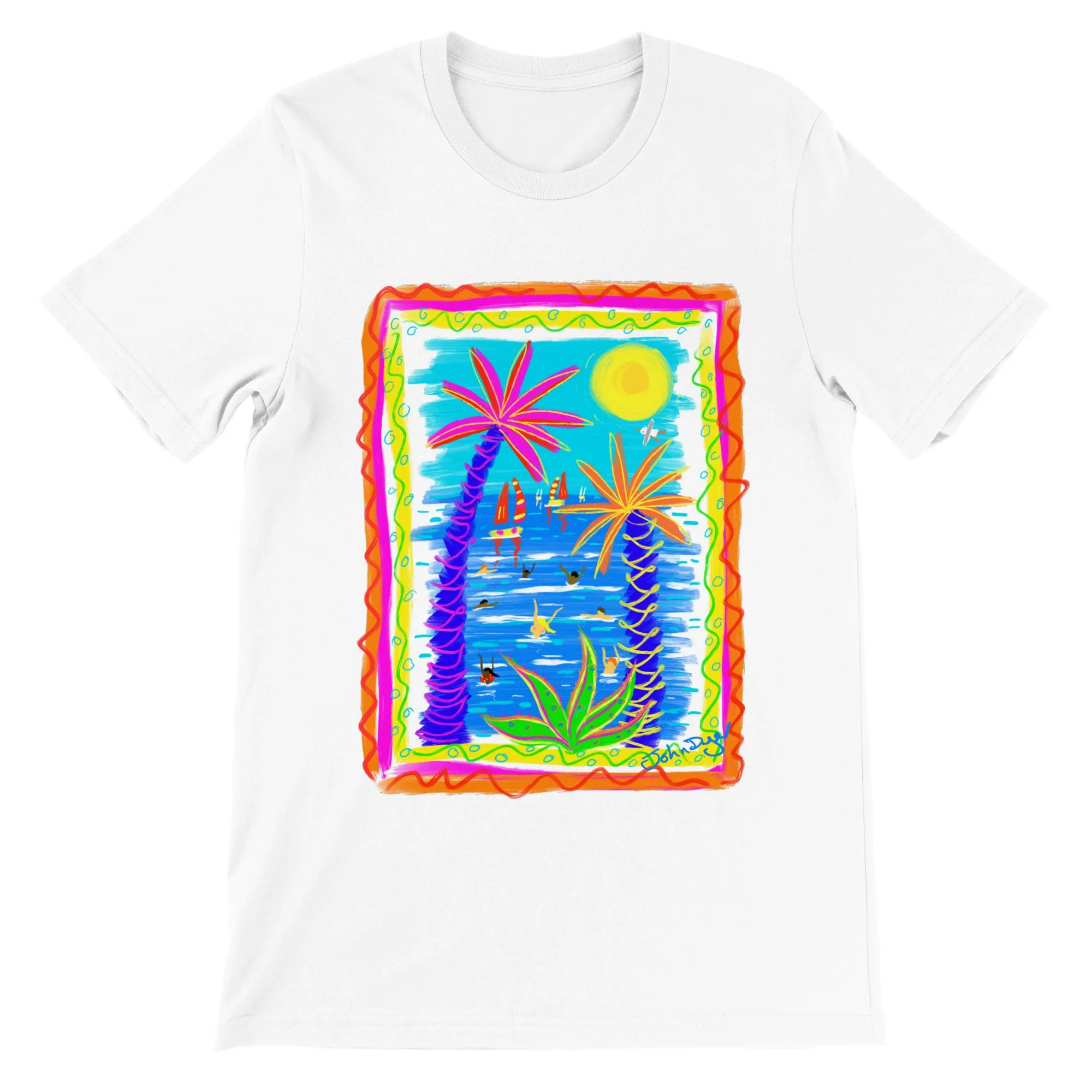 John Dyer Unisex Art T-Shirt. Tropical Bathers and Sunshine - Image 4