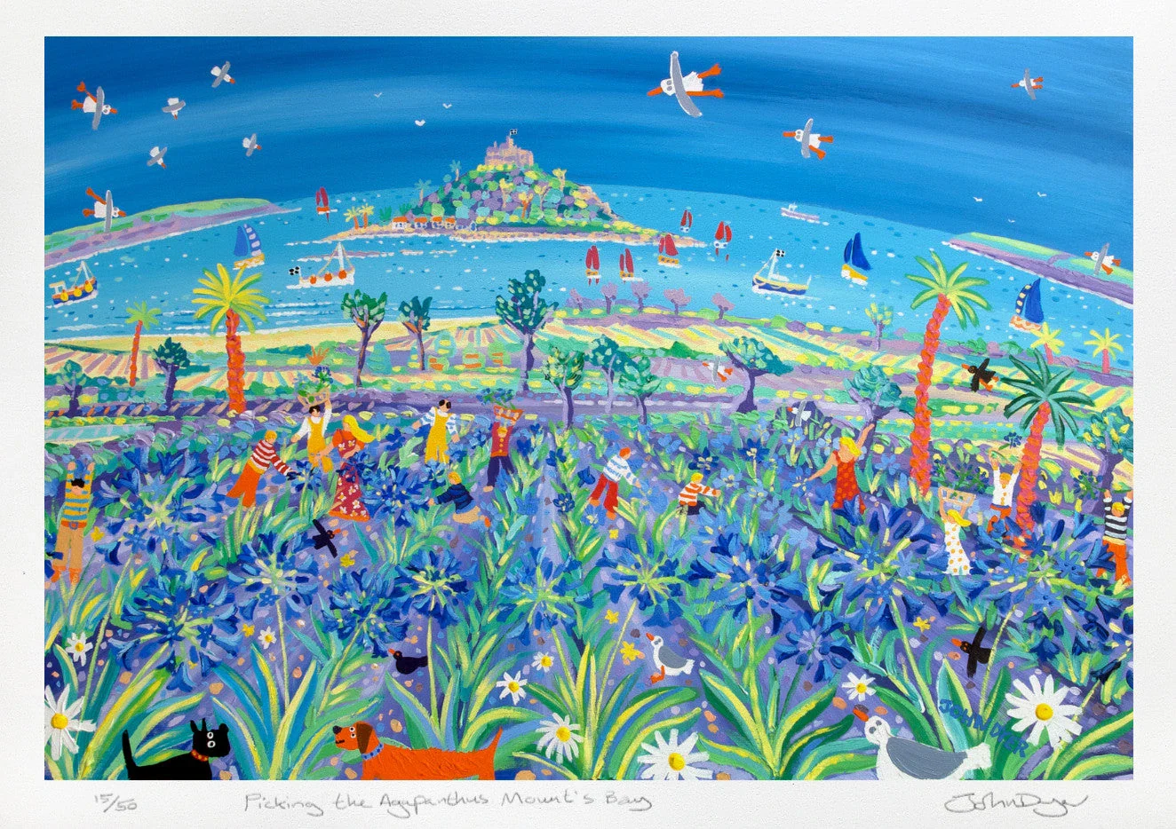 Limited Edition Print by Cornish Artist John Dyer. Picking the Agapanthus Mount's Bay. Cornwall Art Gallery Print. - Image 2