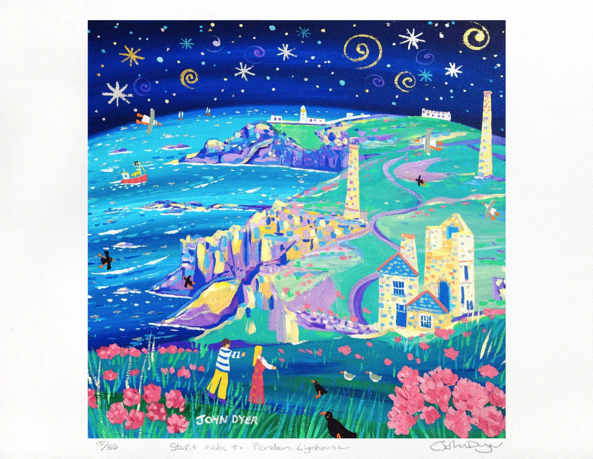 Limited Edition Print by Cornish Artist John Dyer. 'Starlit Walk to Pendeen Lighthouse'. Cornwall Art Gallery Print - Image 2