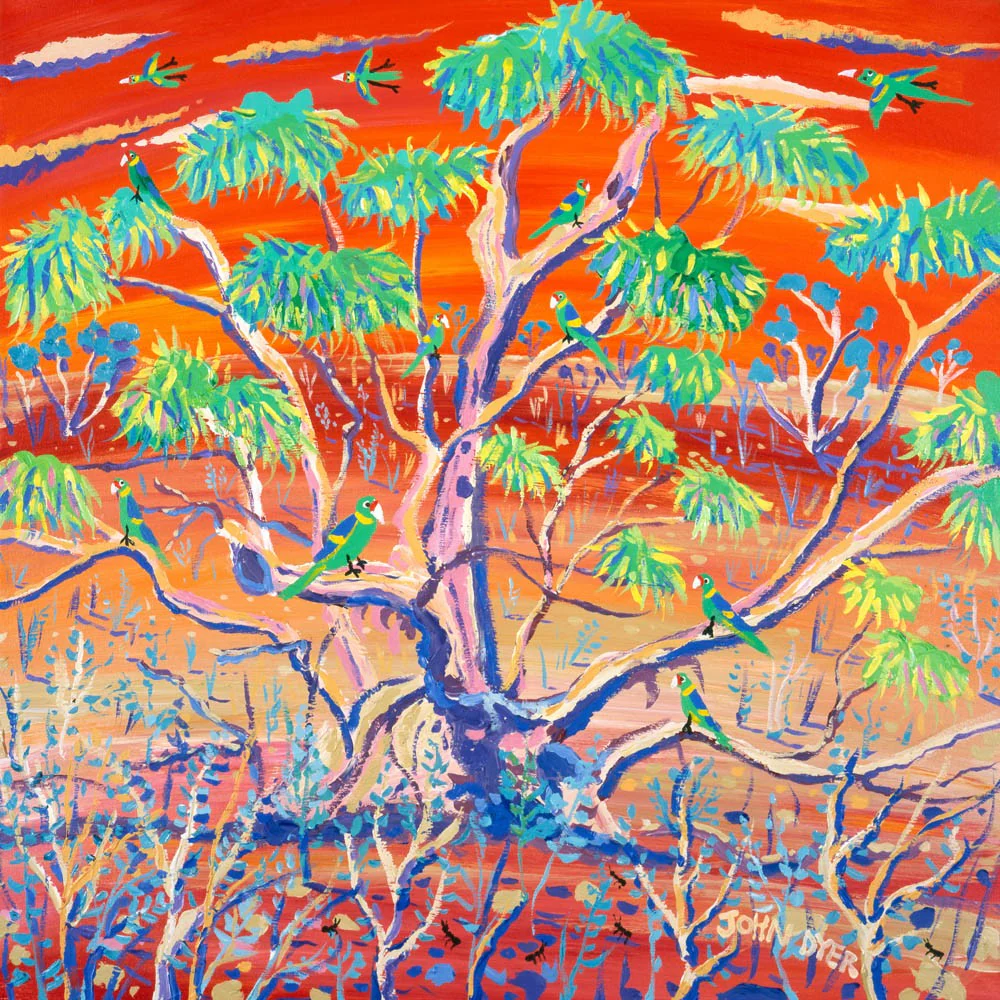 Limited Edition Australian Art Print by John Dyer. Hot Sunset over the ancient Mallee Tree. Banrock Station Wine Australia. Animal Art Prints