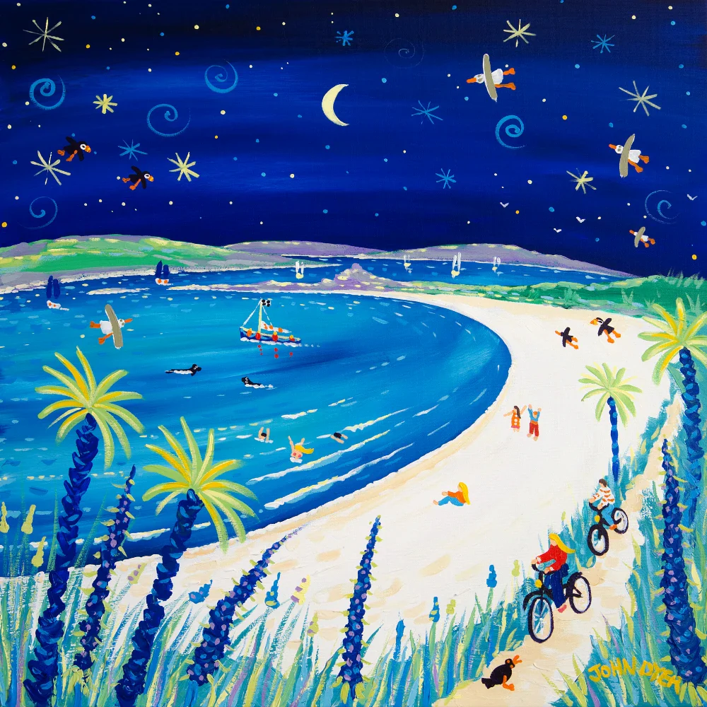 Limited Edition Print by Cornish John Dyer. 'Moonlit Cycle Ride, Pentle Bay, Tresco'. Cornwall Art Gallery Beach Print
