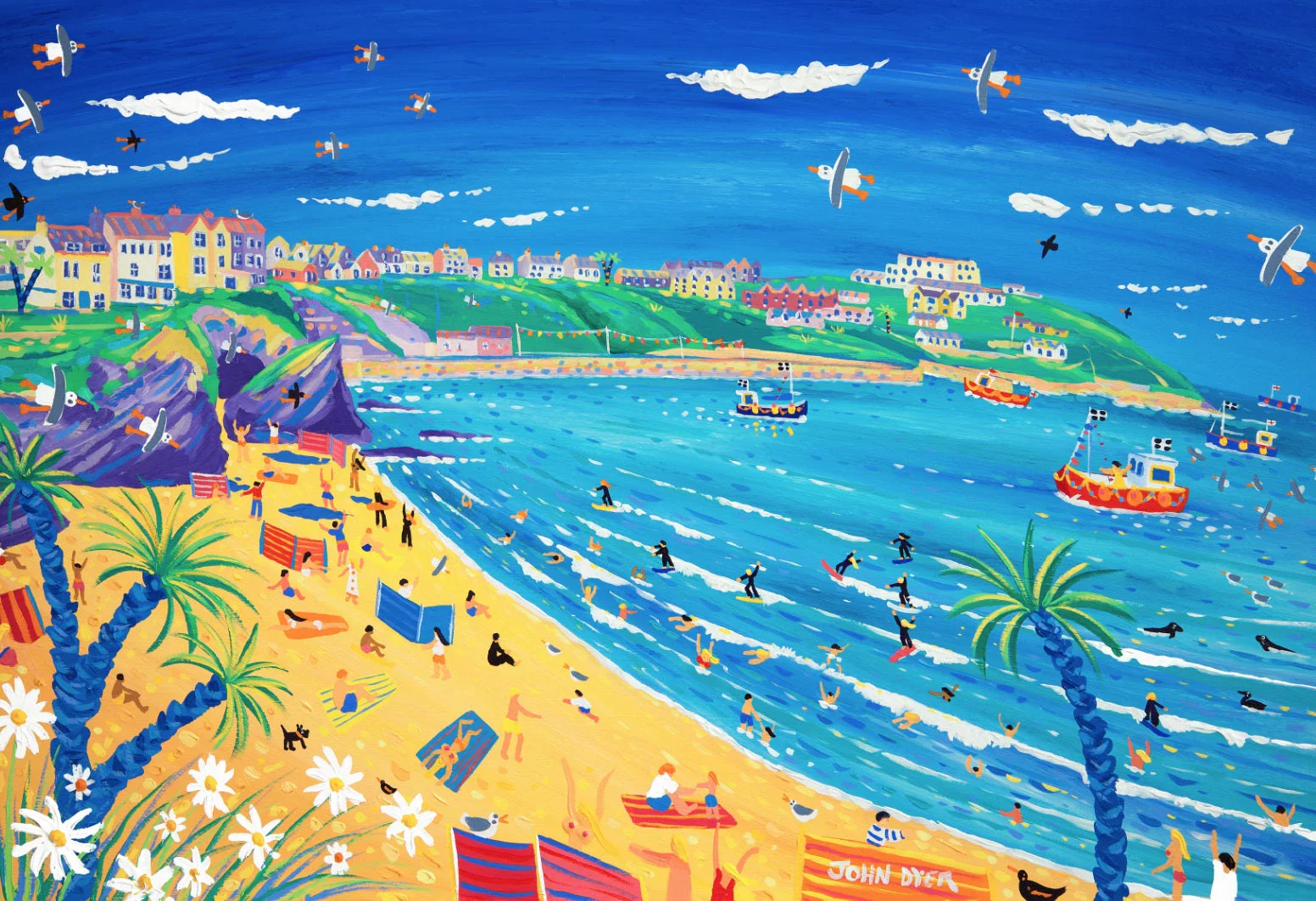 Cornish Art Limited Edition Print by John Dyer. 'Surfing and Sunbathing, Great Western Beach, Newquay'. Cornwall Art Gallery Print
