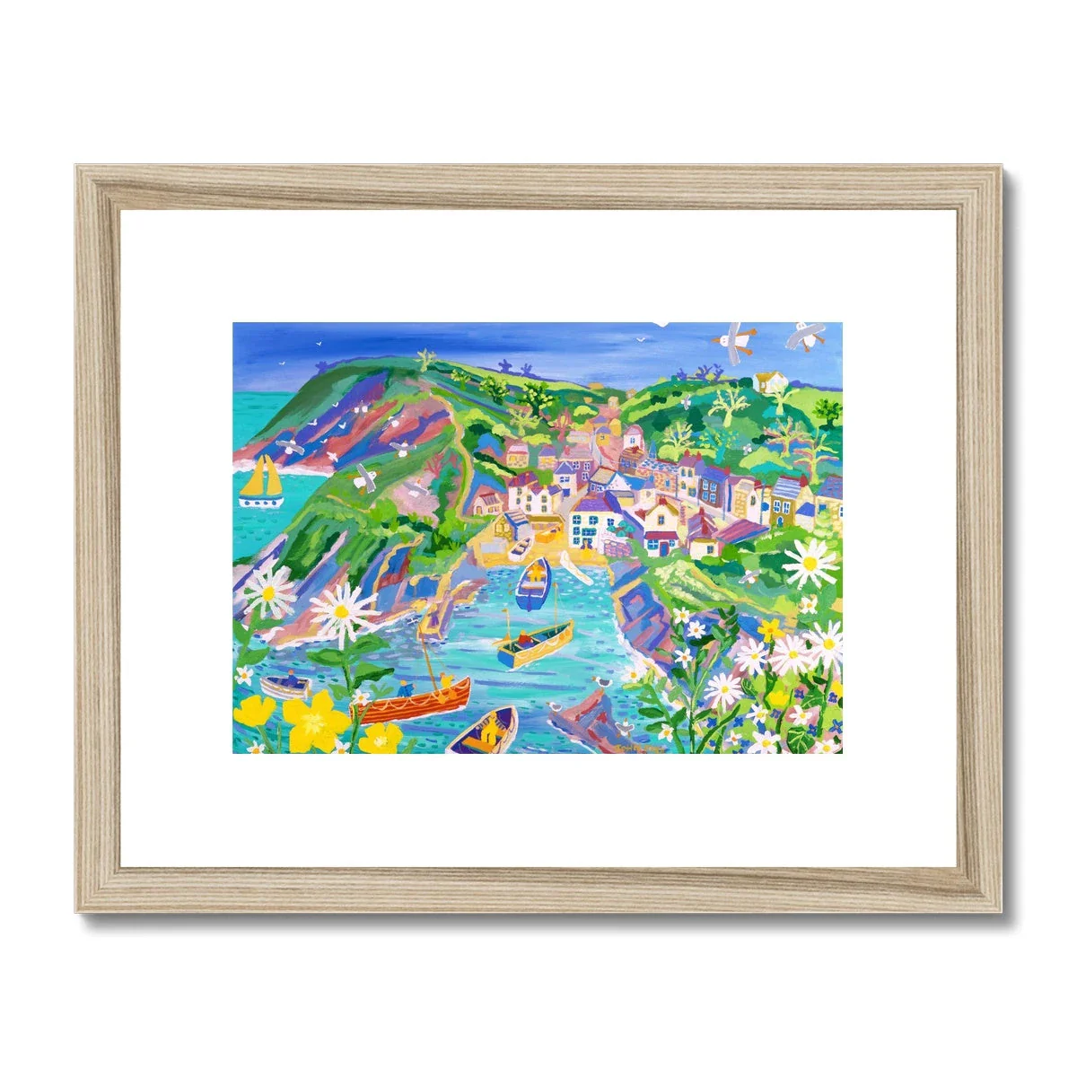 John Dyer Framed Open Edition Cornish Fine Art Print. 'Moon Daisies and Fishermen, Port Loe'. Cornwall Art Gallery - Image 3