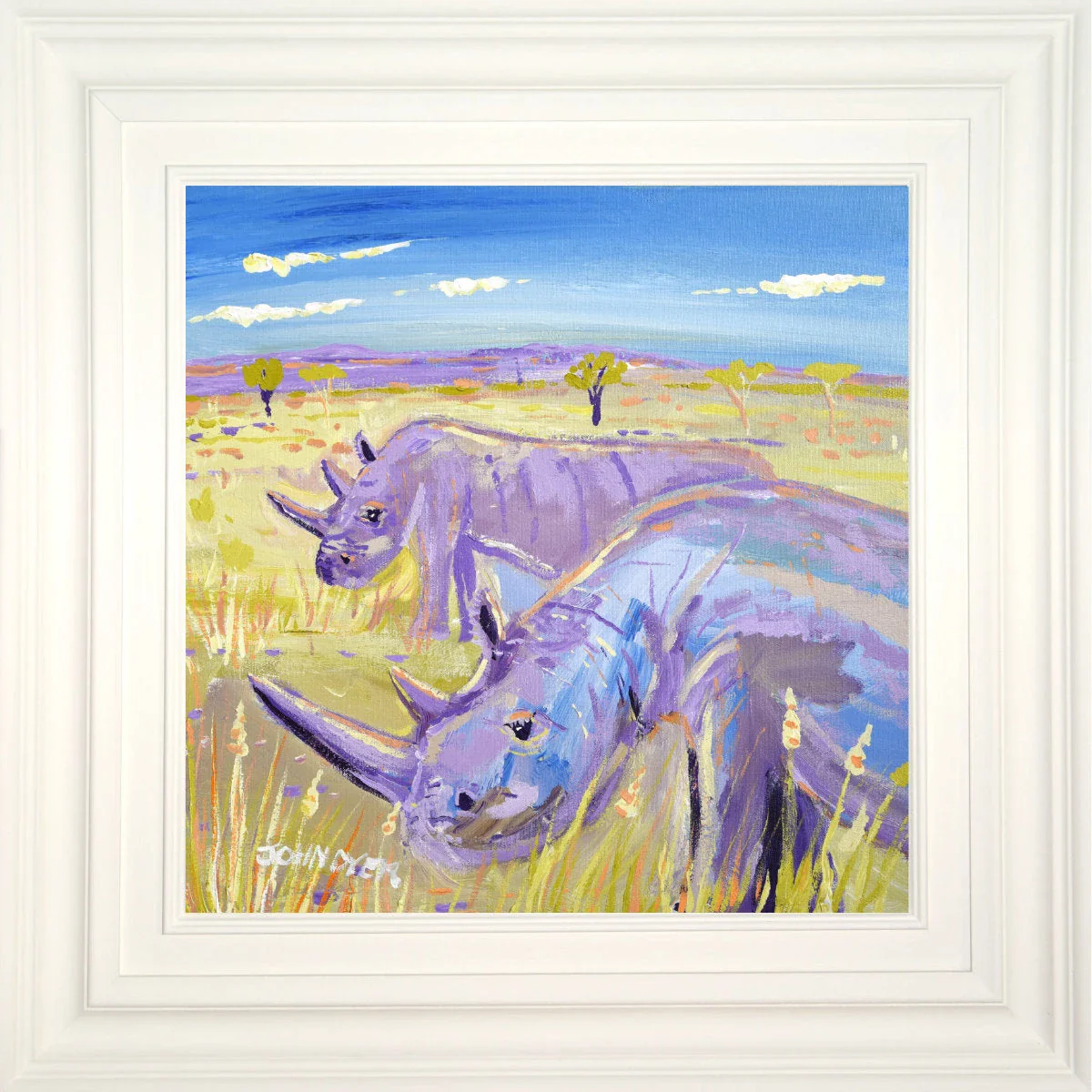 'Mother and Daughter. Najin and Fatu, the last two Northern white Rhino', 18x18 inches acrylic on canvas. African Painting by British Artist John Dyer. - Image 2