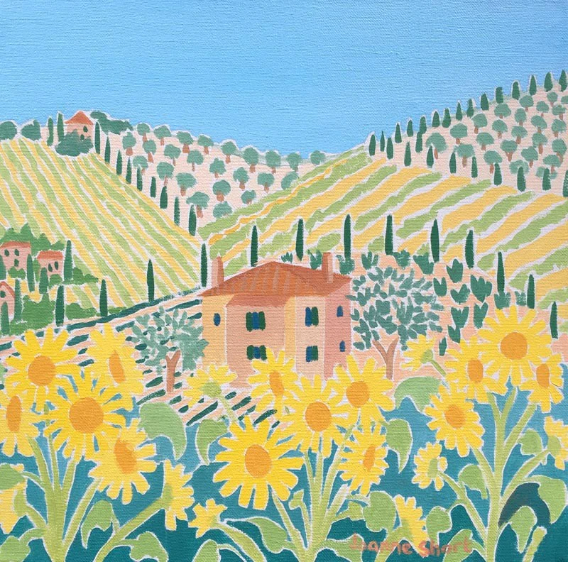 Original Painting by Joanne Short. House in the Sunflowers, Italy. 12 x 12 inches oil on canvas