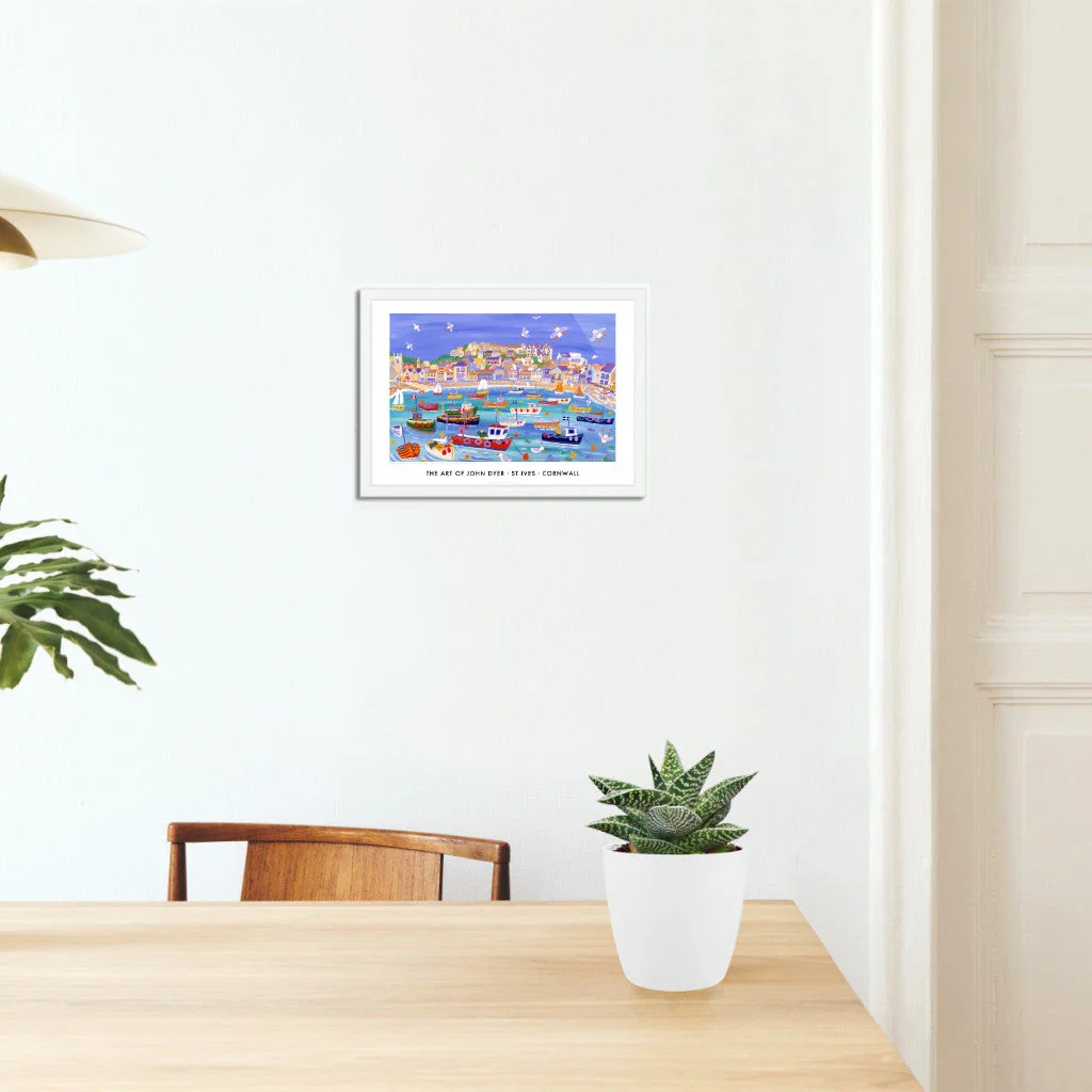Poster of St Ives, Cornwall by John Dyer. Boats in the Harbour on a High Tide - Image 4