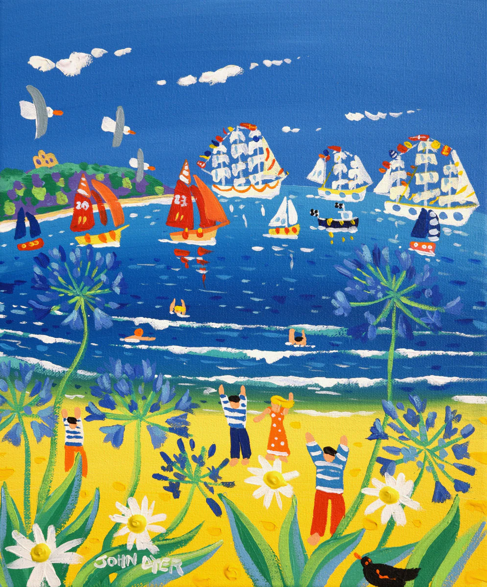 'Racing Past the Beach, Falmouth Tall Ships 2023', 12x10 inches acrylic on canvas. Paintings of Cornwall. Cornish Artist John Dyer. Cornwall Art Gallery