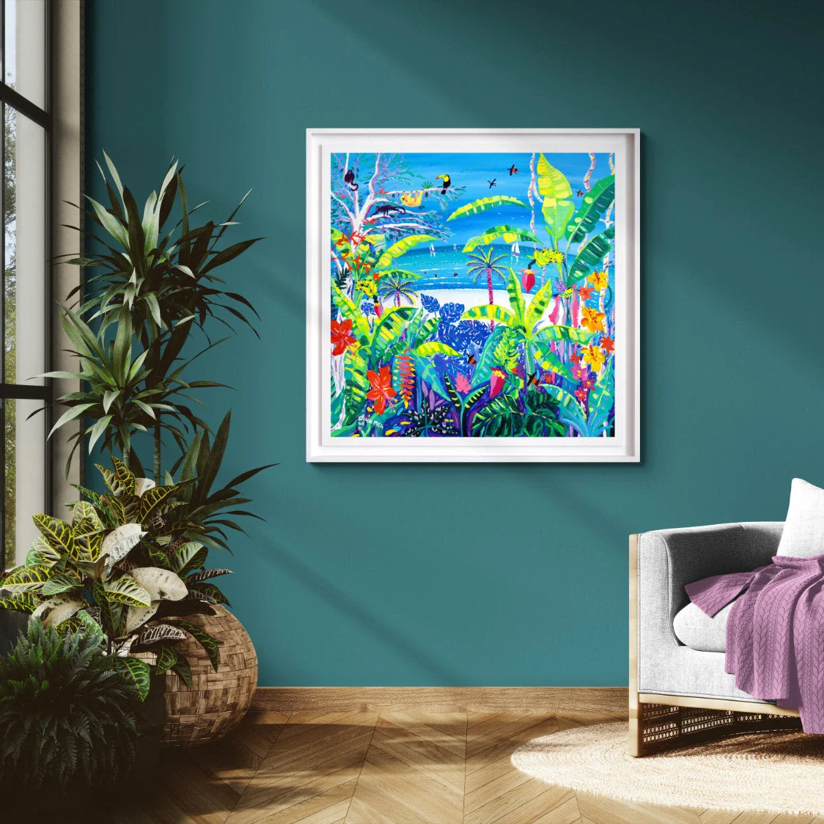 'Tropical Banana Wildlife Beach, Costa Rica', 35.5 x 35.5 inches acrylic on canvas. John Dyer Painting of the Caribbean Rainforest. - Image 3