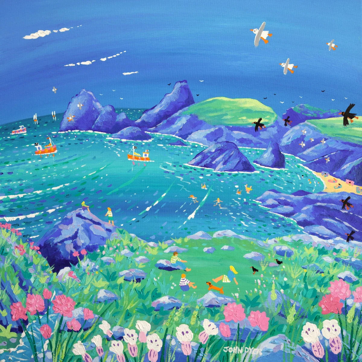 'Relaxing on the Cliffs, Kynance Cove', 30 x 30 inches acrylic on canvas. Cornish Coastal painting by Cornish Artist John Dyer