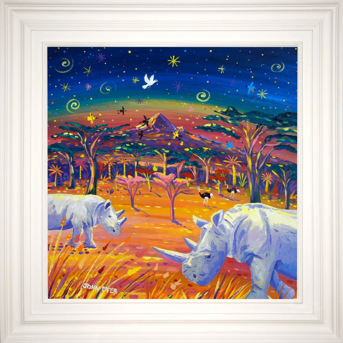 'Rhinos in Paradise, Najin & Fatu, the Last Two Northern White Rhino', 24x24 inches acrylic on canvas. African Painting by British Artist John Dyer. - Image 2