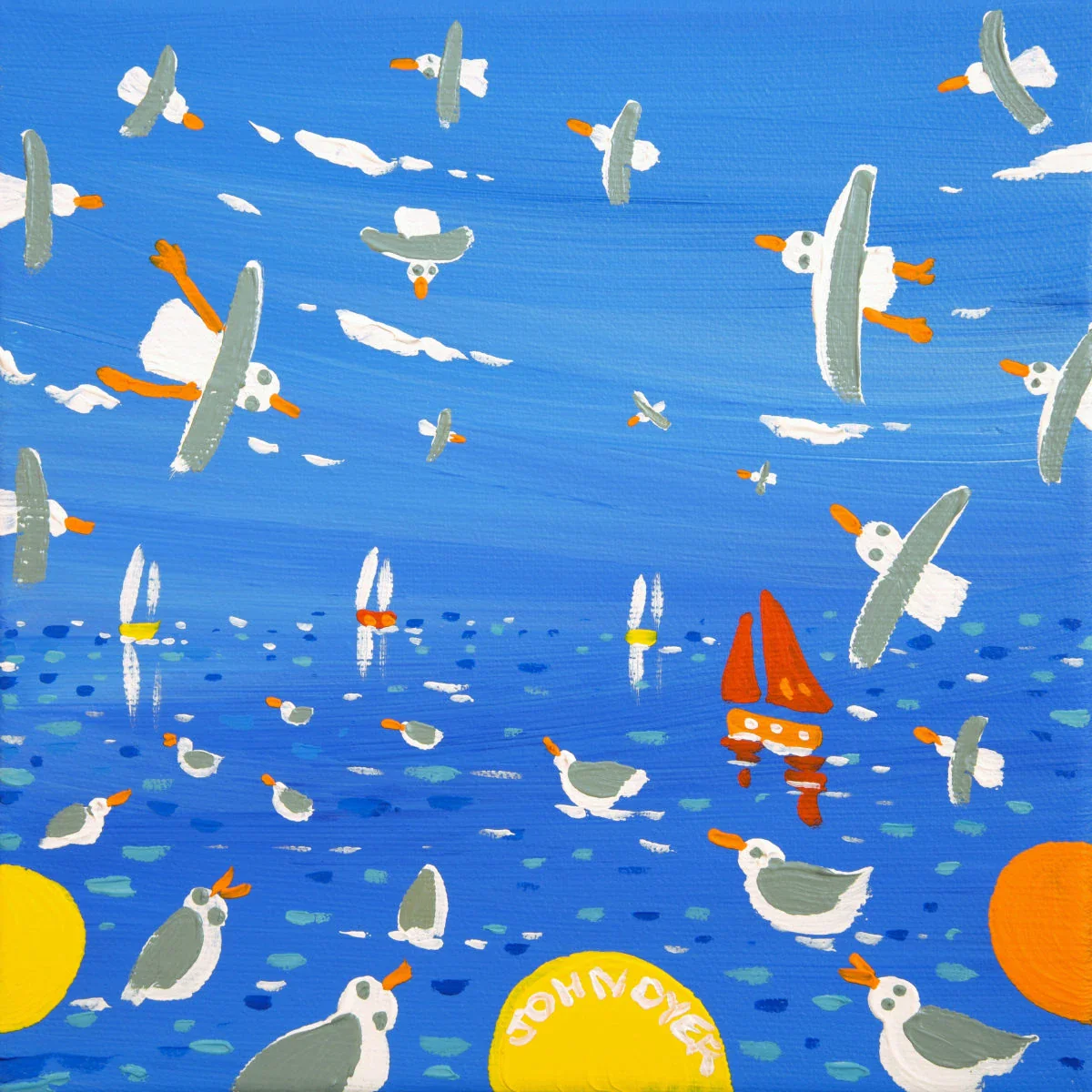 'Seagulls and Sailing Boats, Cornwallâ, 8x8 inches acrylic on canvas. Painting of Cornwall by Cornish Artist John Dyer